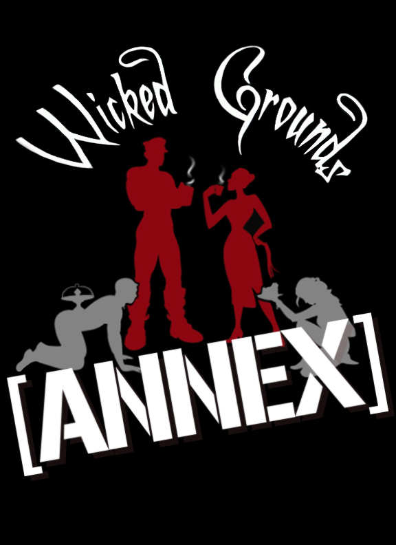 The Wicked Grounds Annex Logo. Two dominants in red outline are standing drinking coffee while two submissives kneel and provide them cake and drink.