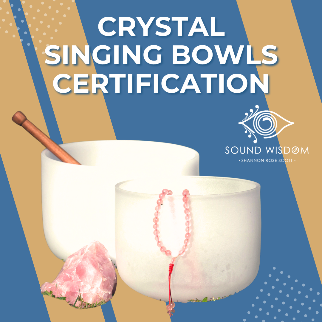 Crystal Singing Bowl Certification with Sound Wisdom and Shannon Rose Scott, featuring two crystal singing bowls, a male, and a large chunk of rose quartz, symbolizing harmony, healing and spiritual connection