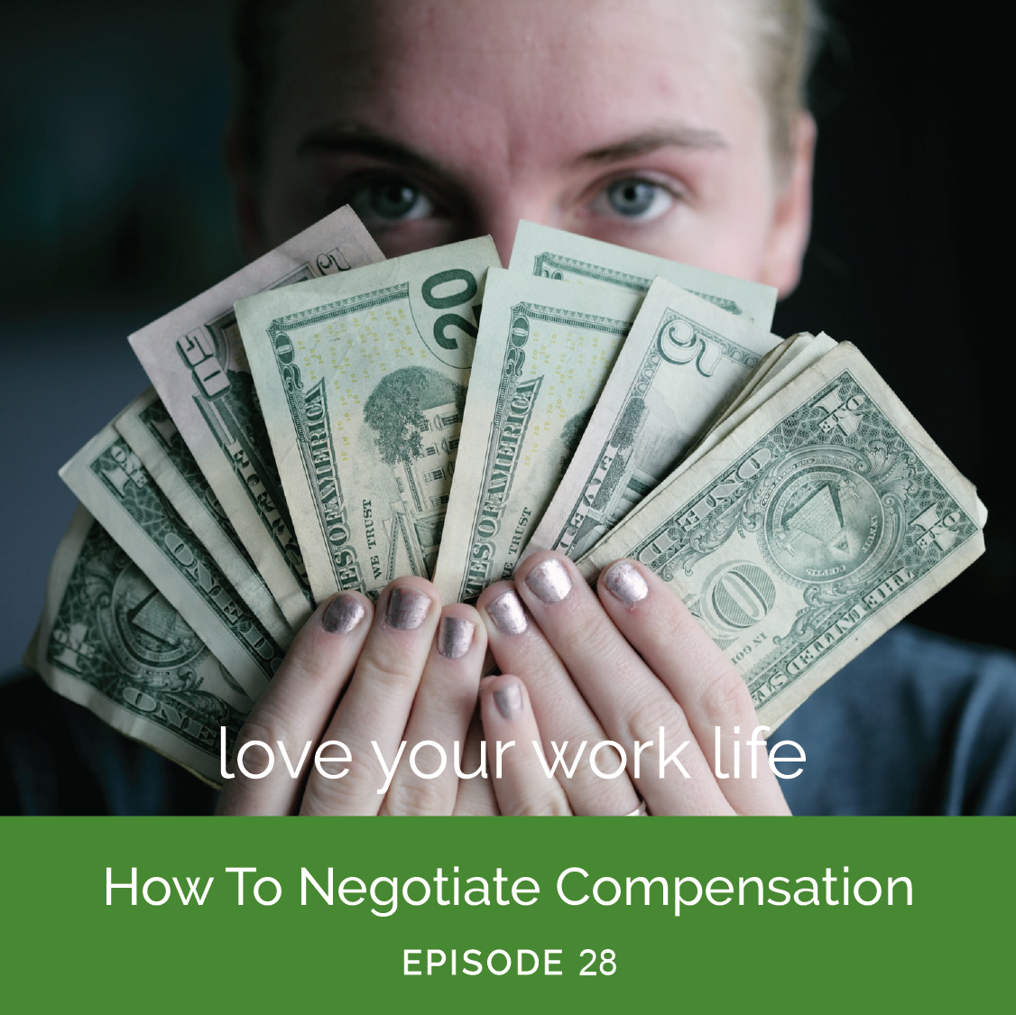 woman holding a fanned out handful of US dollars in various denominations