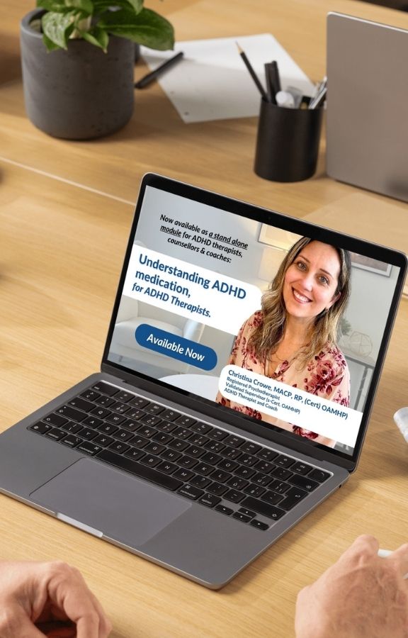 Image of a laptop with the title page of the course Understanding ADHD medication for ADHD Therapists