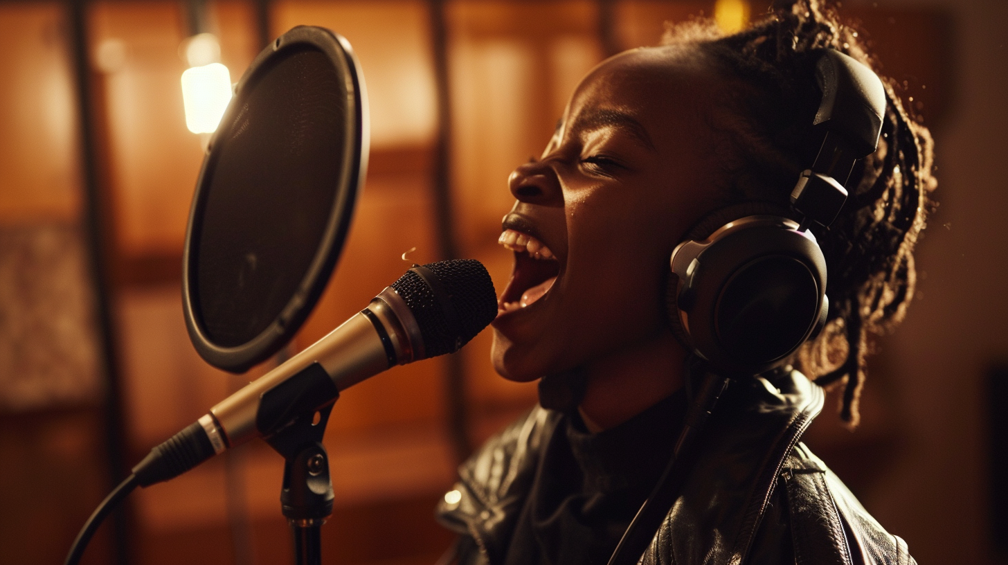 Young girl singing in the recording studio