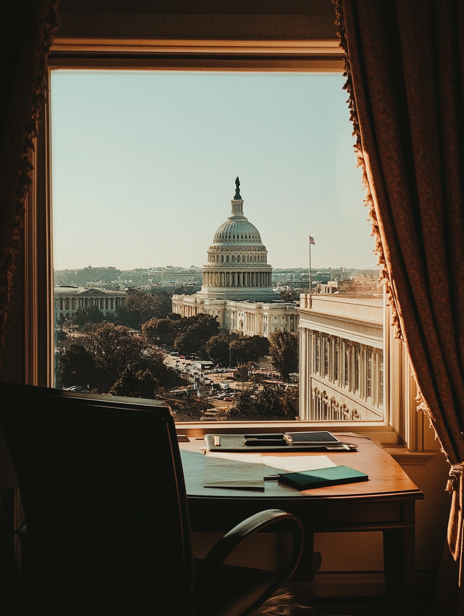 The capital dome viewed from a hotel window. There is a small desk and chair facing the window.