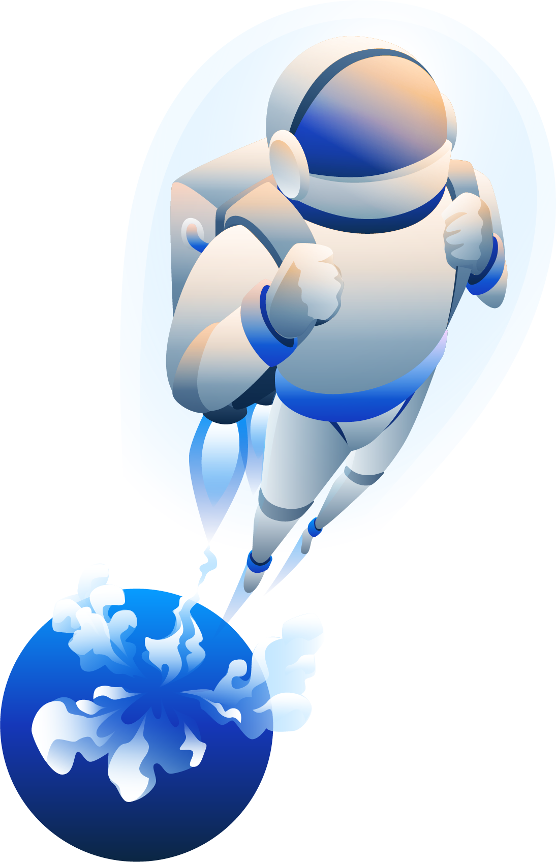Illustration of an astronaut with a jet pack flying away from a planet