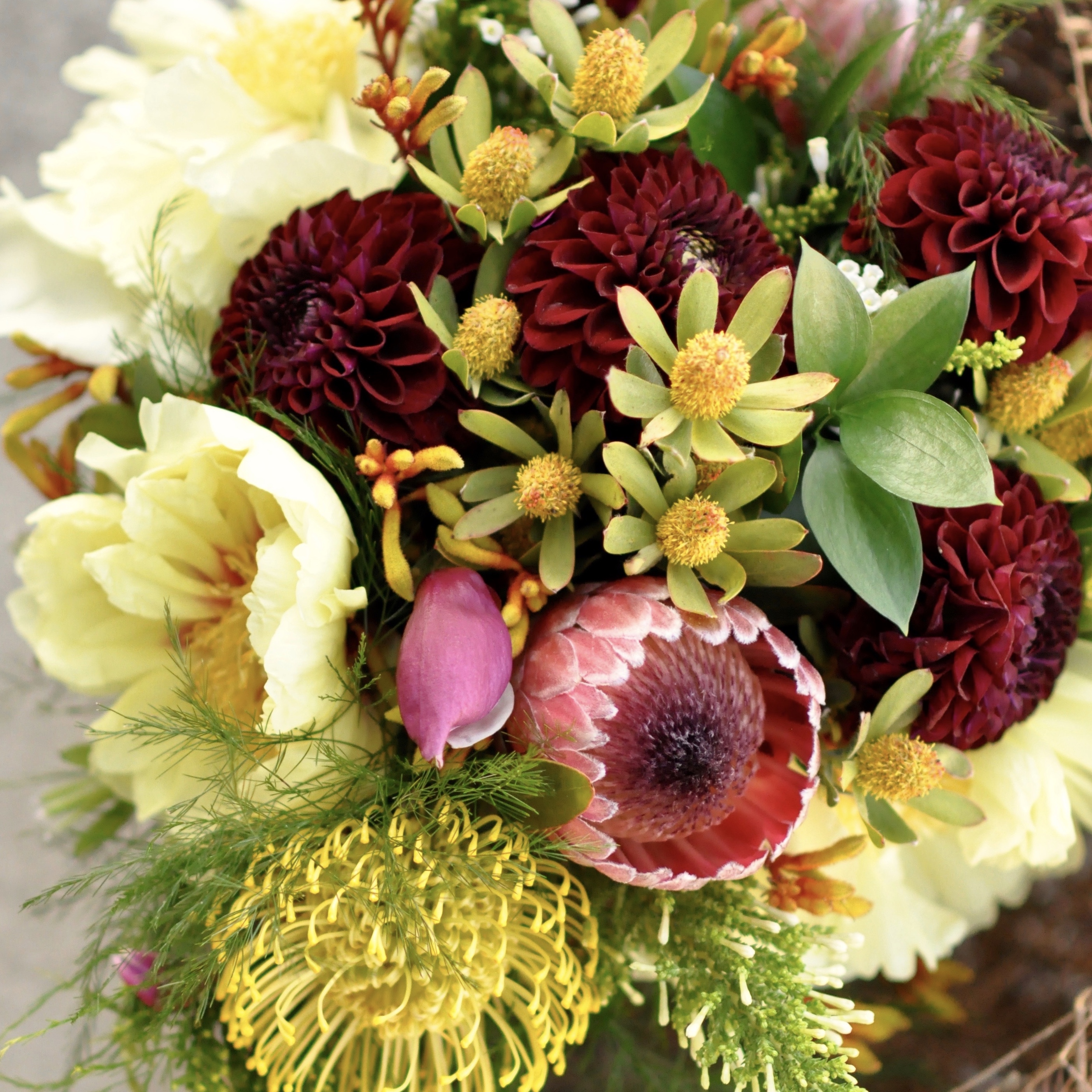 Fresh Dahlias with Peonies and Leucadendron