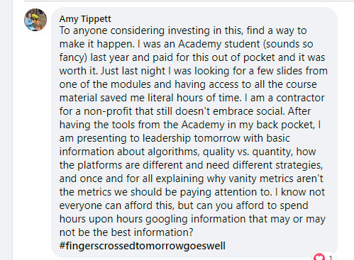 Testimonial from a happy student in Social Media for Social Good Academy