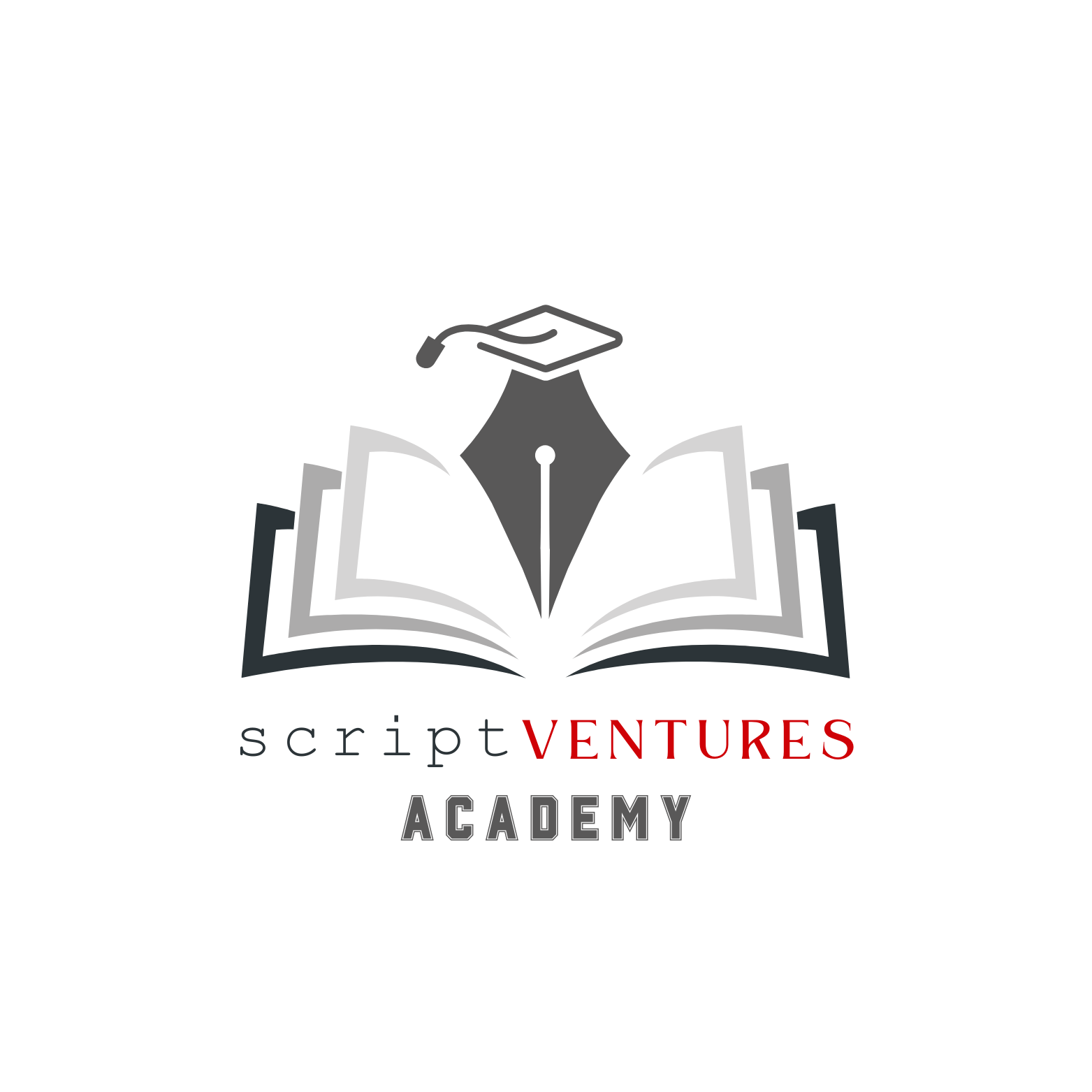 A logo depicting a pen and graduation cap point toward an open screenplay.