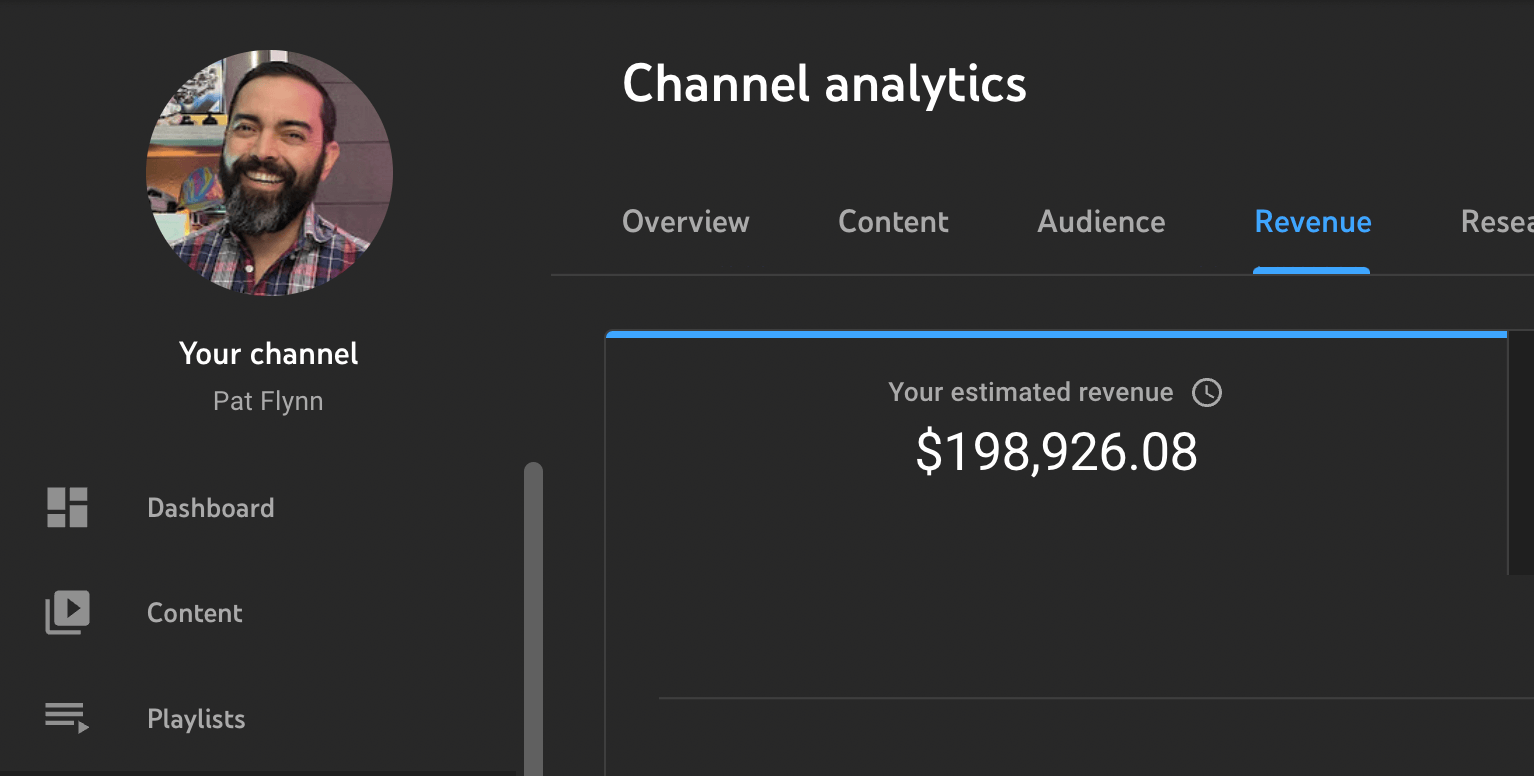 Image of Pat Flynn channel analytics showing estimated revenue of $198,926.08