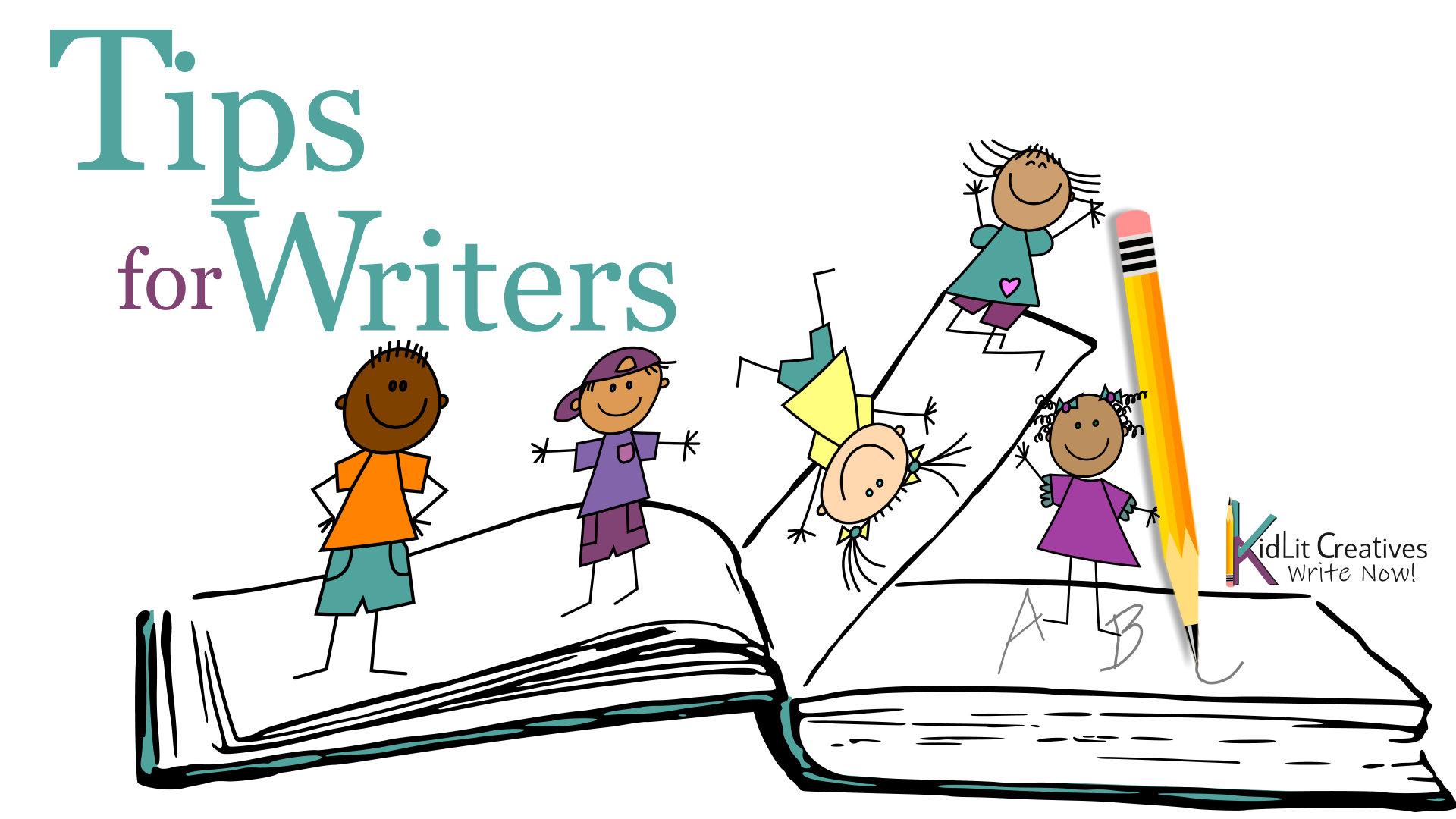 illustration of a diverse group of children playing on an oversized book, with text that reads &quot;Tips for Writers&quot;