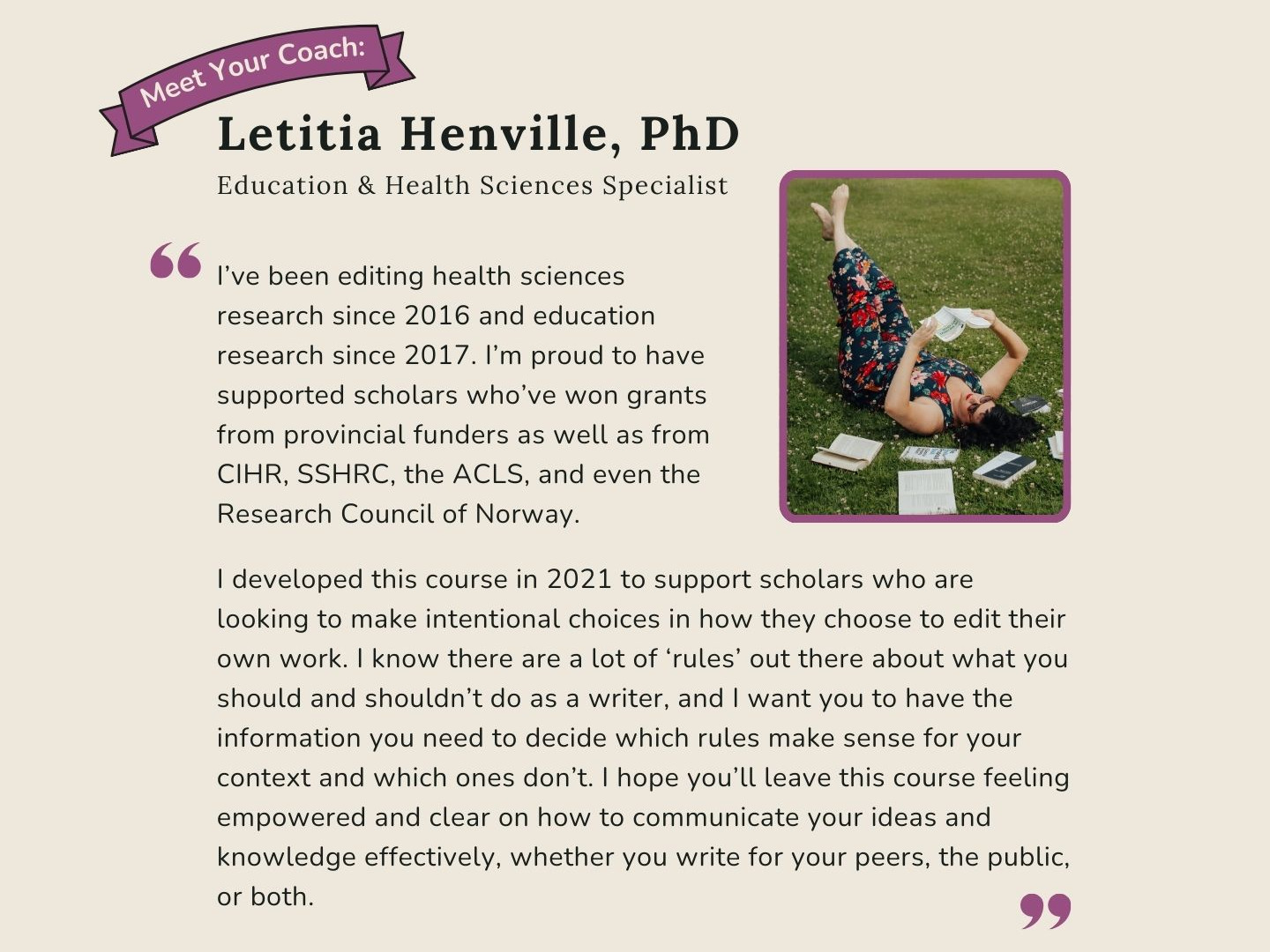 Meet Your Coach: Letitia Henville, PhD