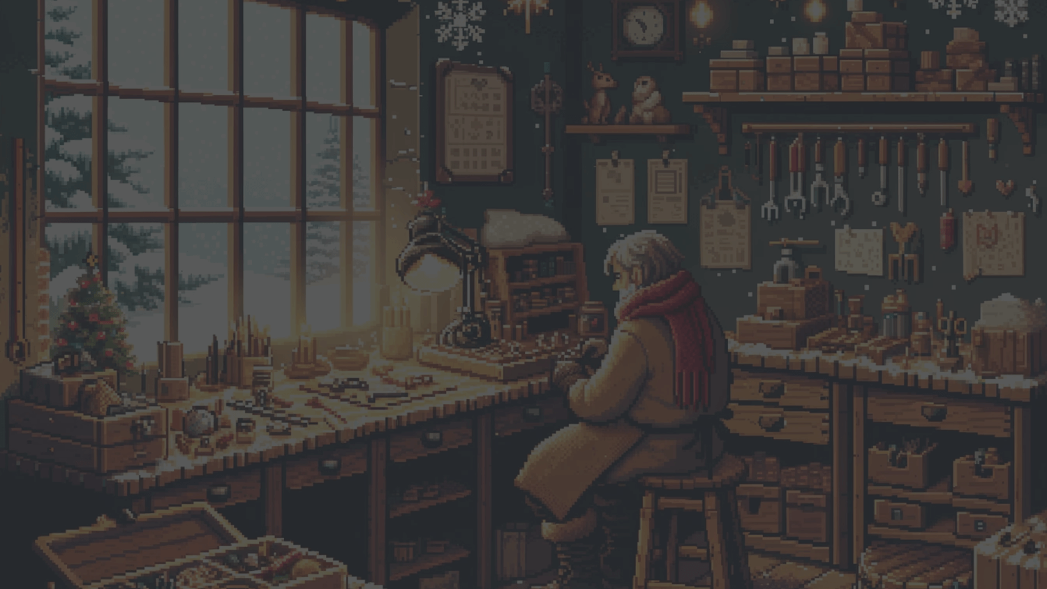 Un artistant de son atelier en hiver, pixel art