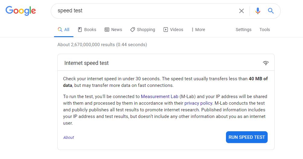 Google web browser and the internet speed test