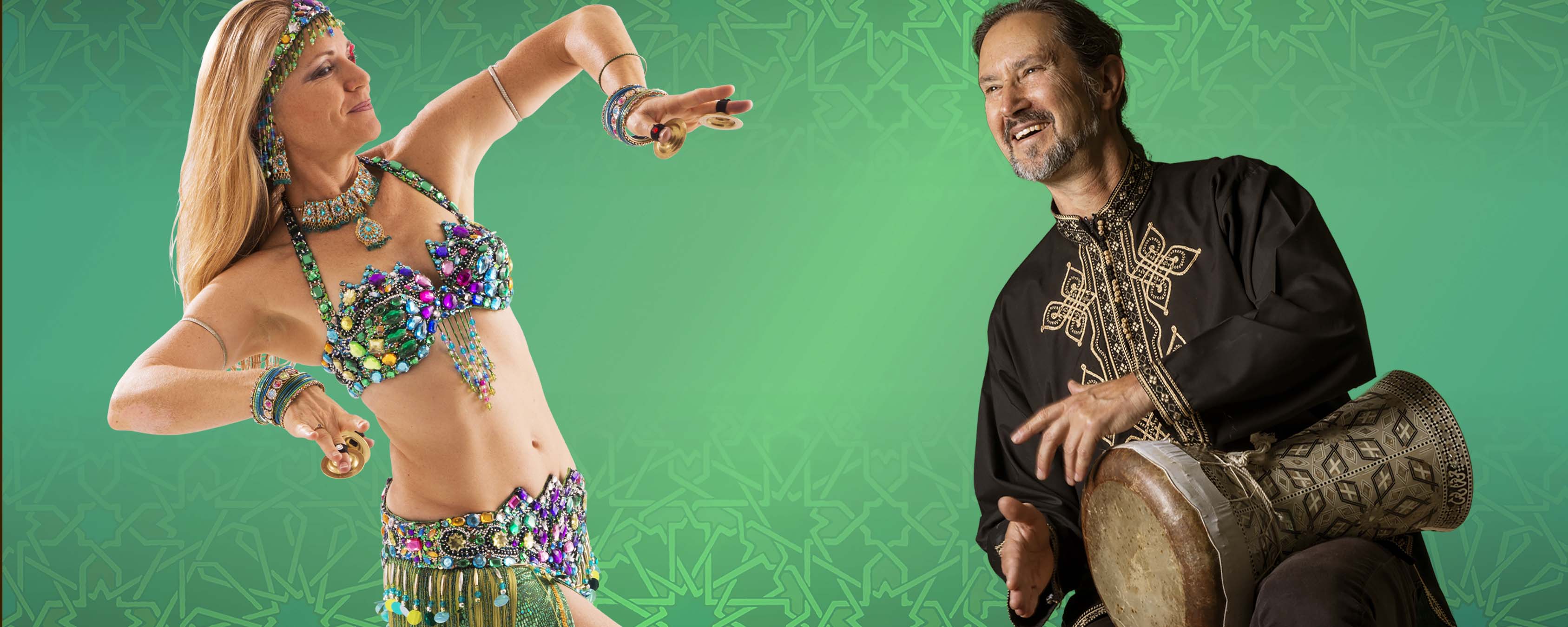 belly dancer Jensuya and drummer Robert Peak introducing beginner online belly dance course