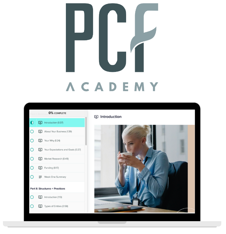 image of the PCF Academy logo with a laptop below it.