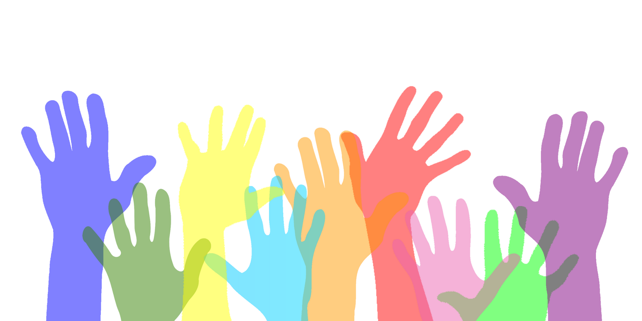 colorful hands raised against a white background