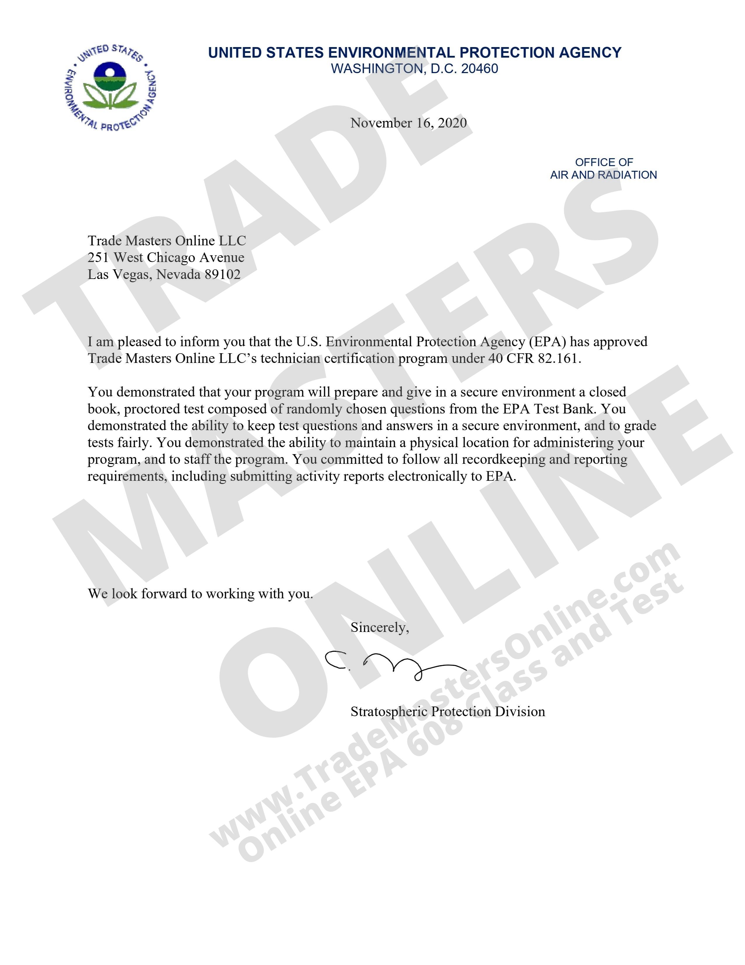 EPA 608 Certification Program Approval Letter