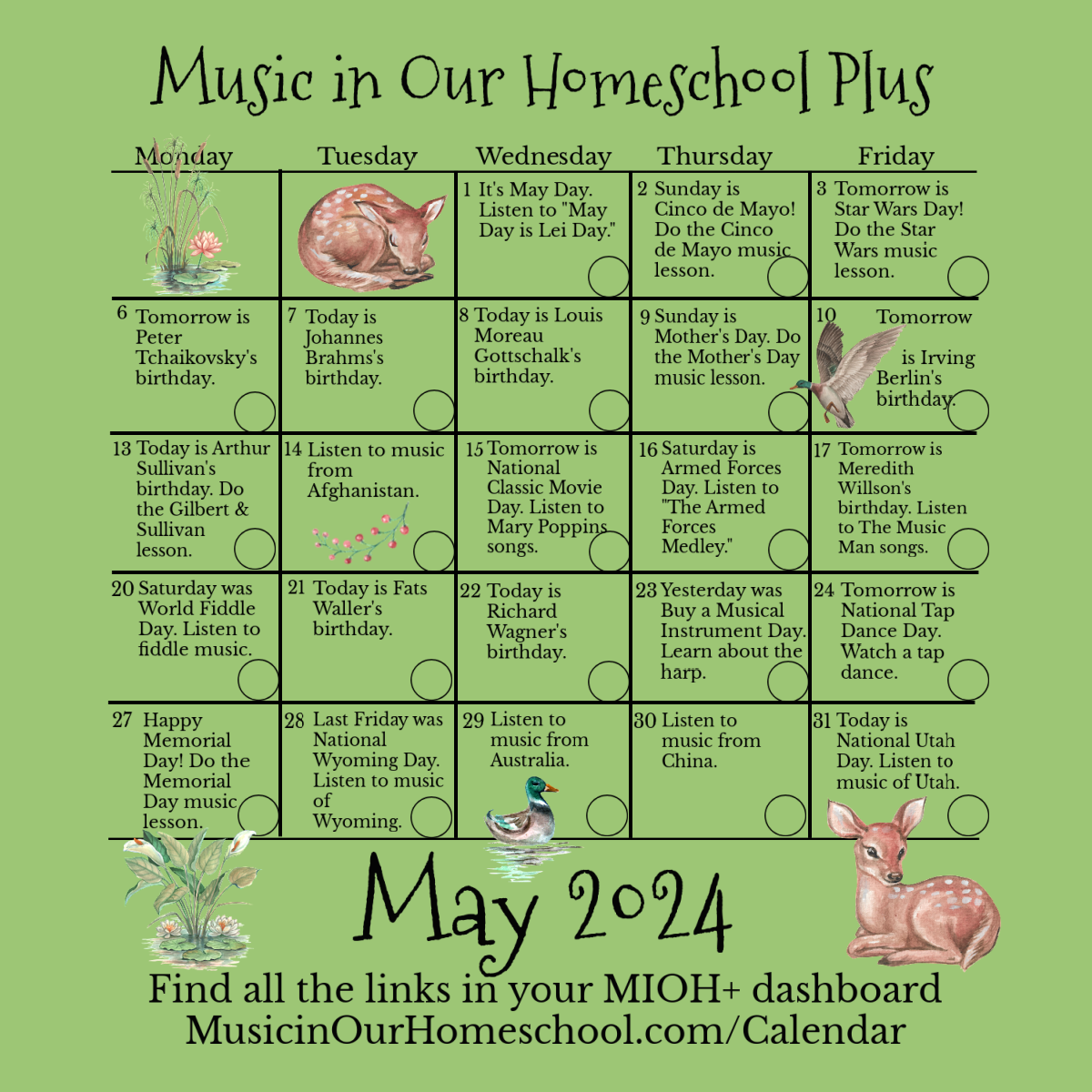 MIOH+ May 2024 Music Lesson Calendar