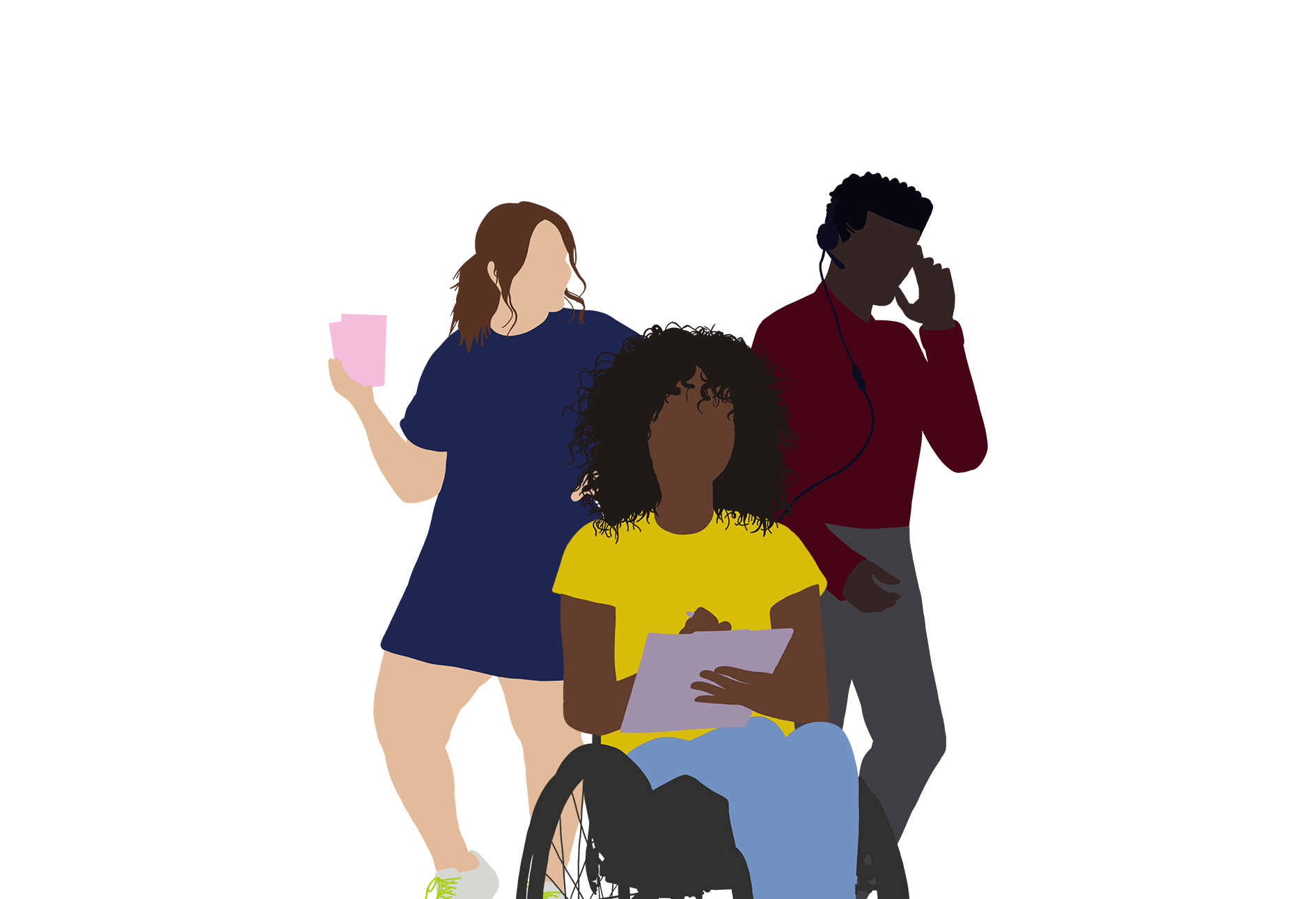 Cartoon design of a pale-skinned girl in a blue dress holding tickets, a brown-skinned girl in yellow t-shirt and jeans sat in a wheelchair writing on a clipboard, and a dark-skinned boy in a red shirt and grey trousers taking into a headset.