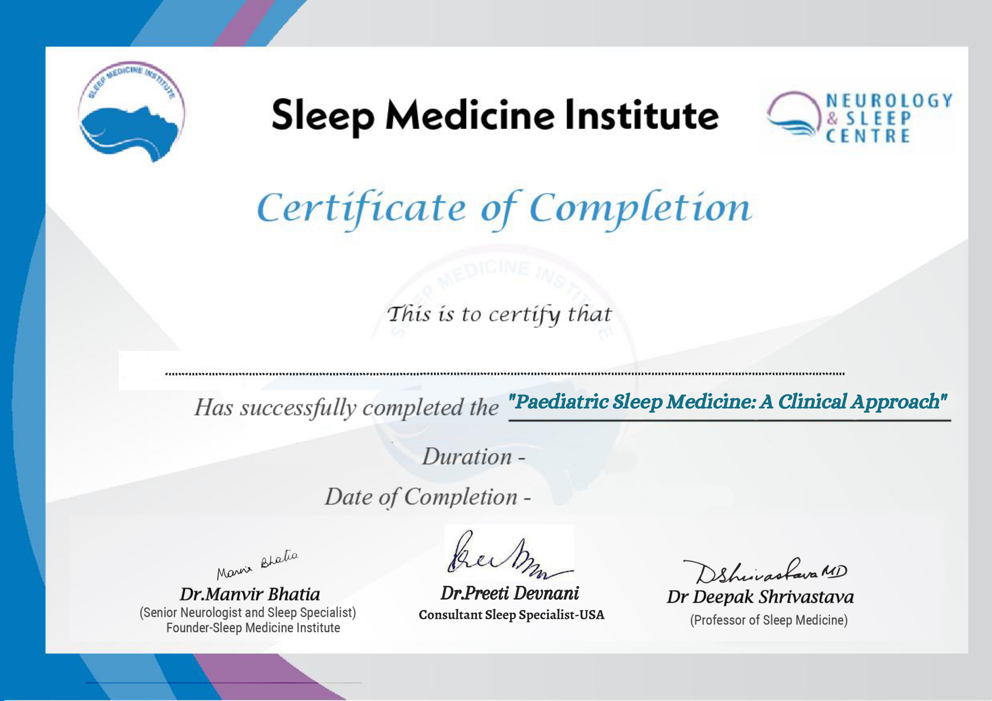 certificate to Pediatric Sleep Medicine a Clinical Approach 