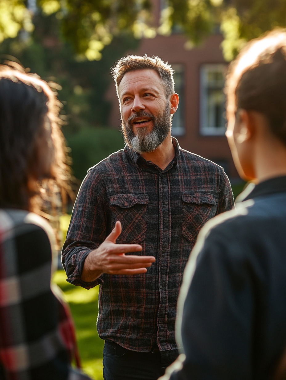 university staff talking to students