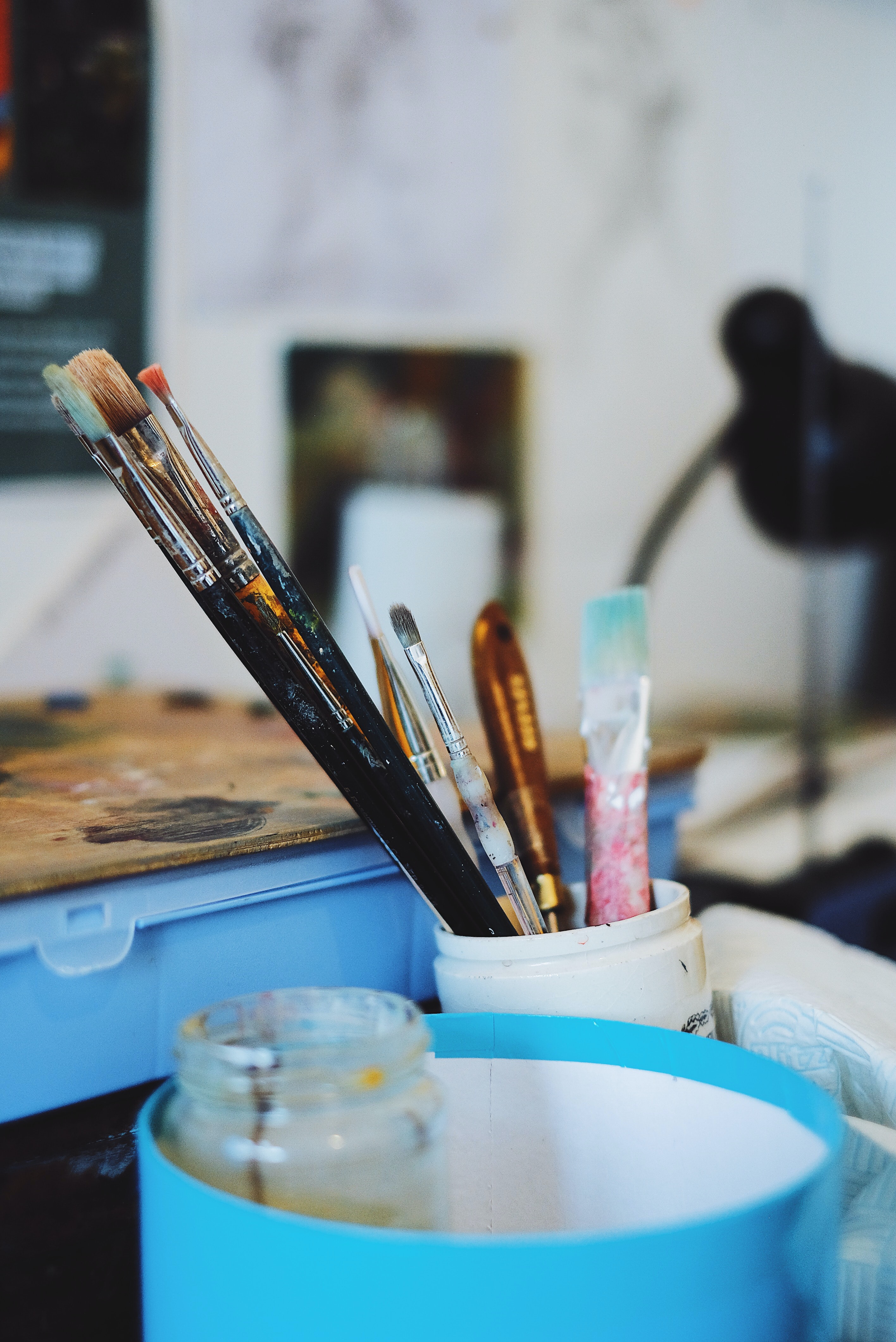 paint brushes in an art studio
