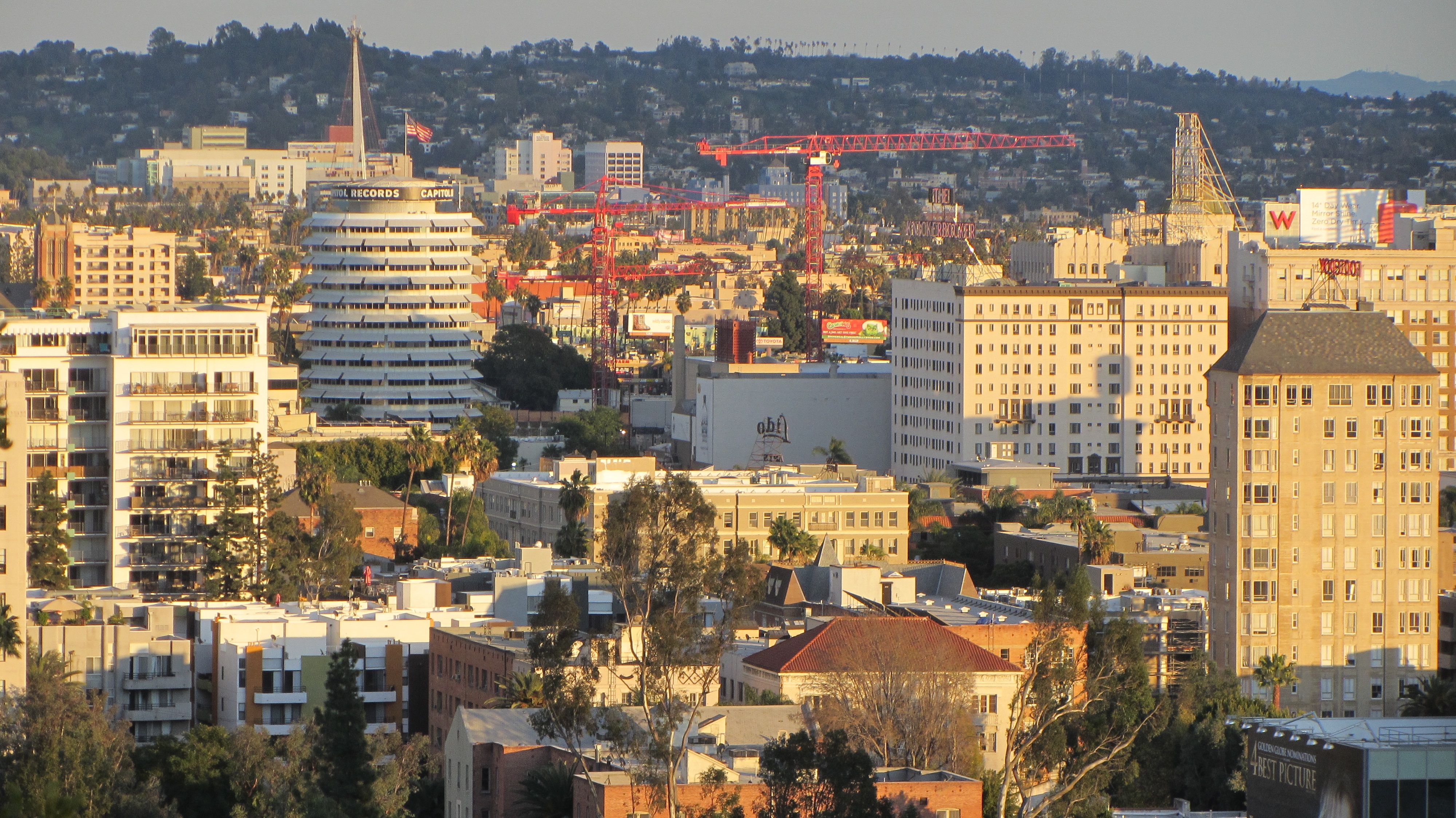 Wide-aerial shot of Hollywood, California