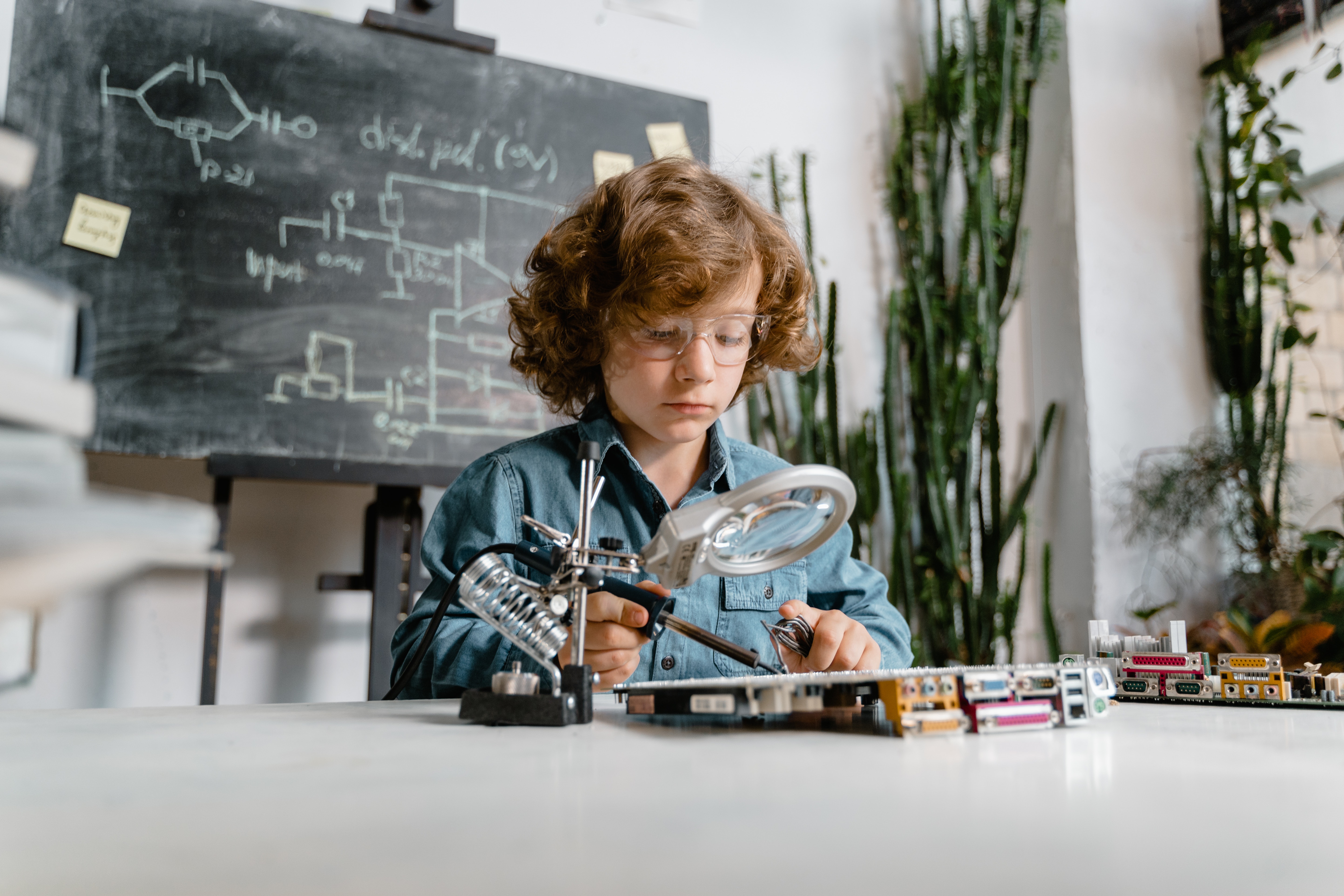 boy using magnifying glass to look at STEM equipment