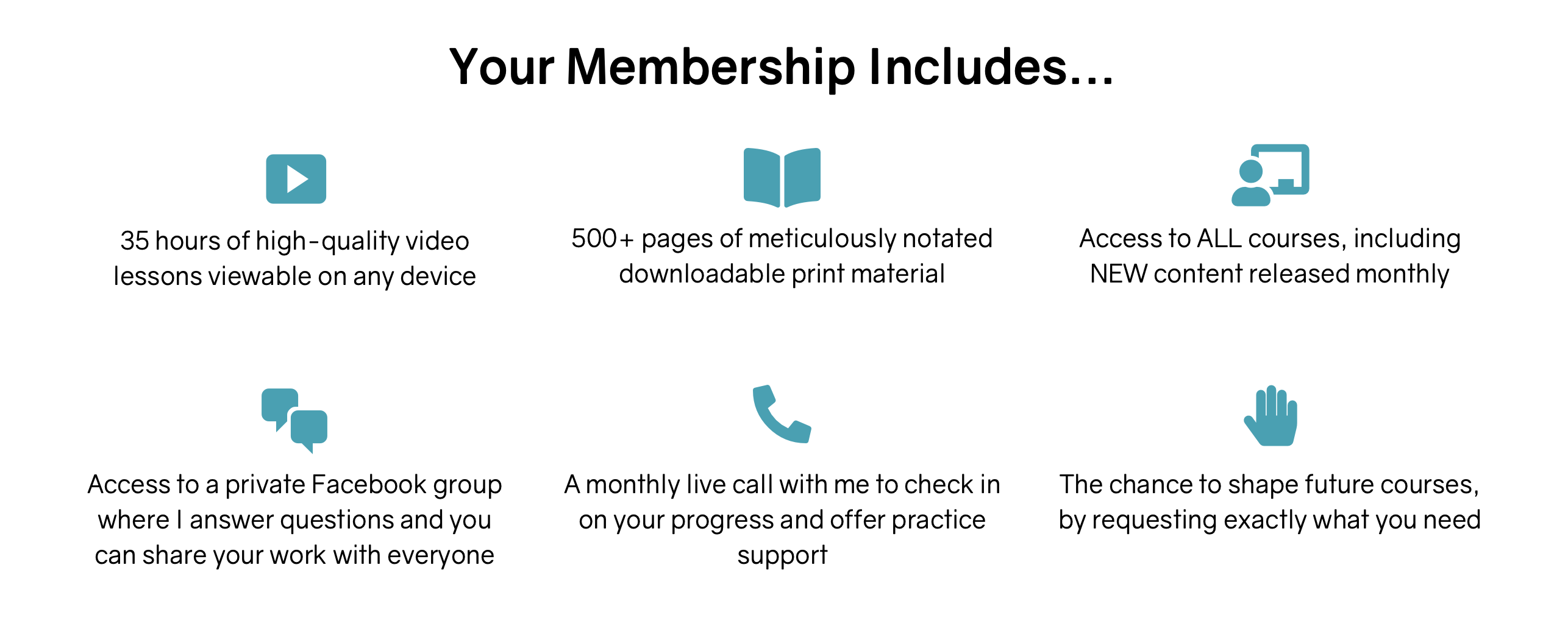 20 hours of video lessons, 400+ pages of print material, access to all courses, access to a private forum, a monthly live call with me to check in on your progress, the chance to shape future courses.