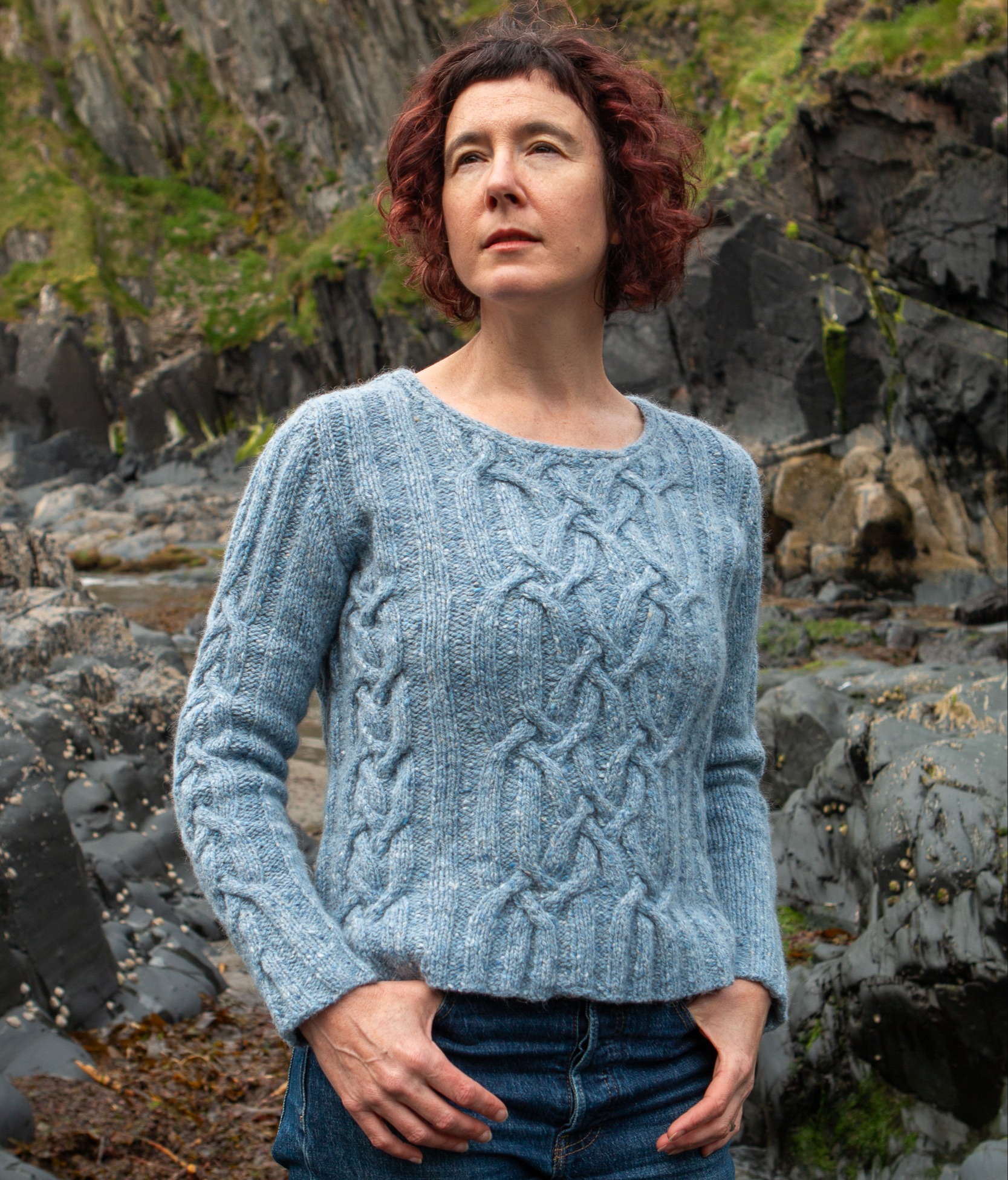 Carol Feller wearing the Bere Sweater