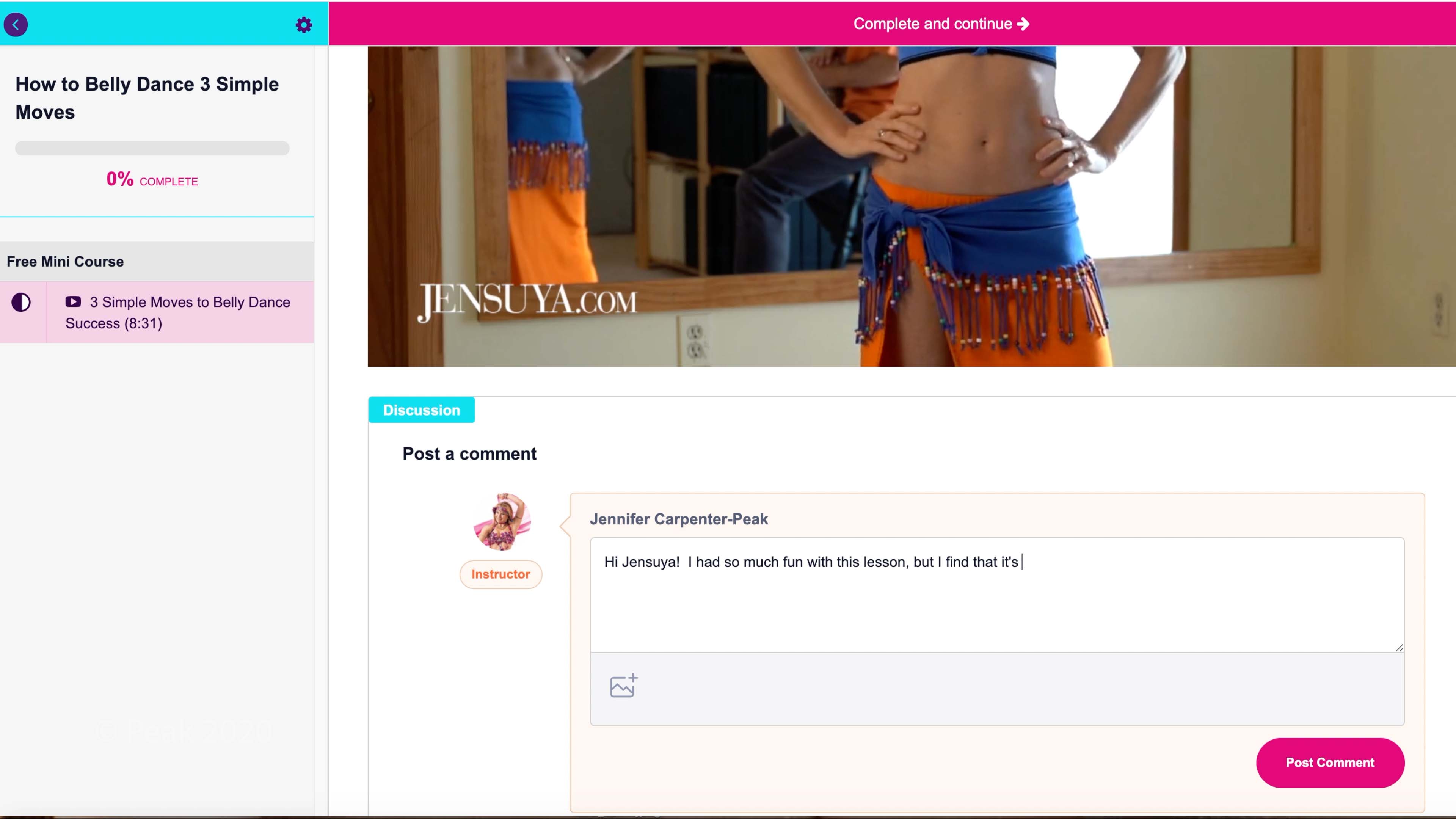 video lesson comment section of online belly dance course with question being written