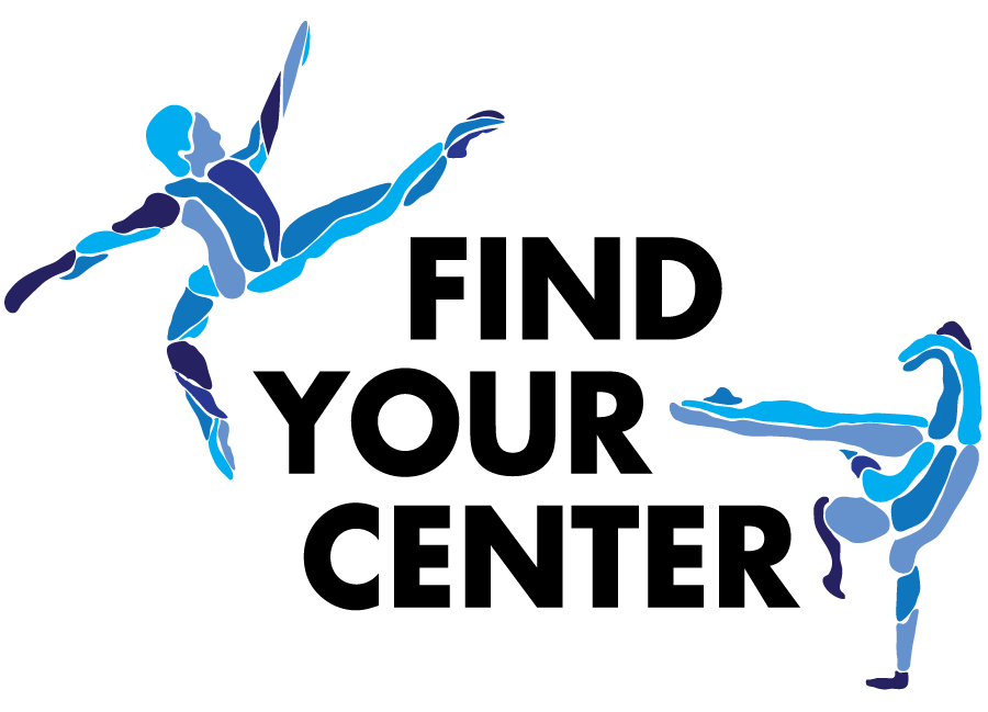  Find Your Center logo with abstract image of leaping male ballet dancer and handstand-kicking female capoeira artist in shades of blue and gray