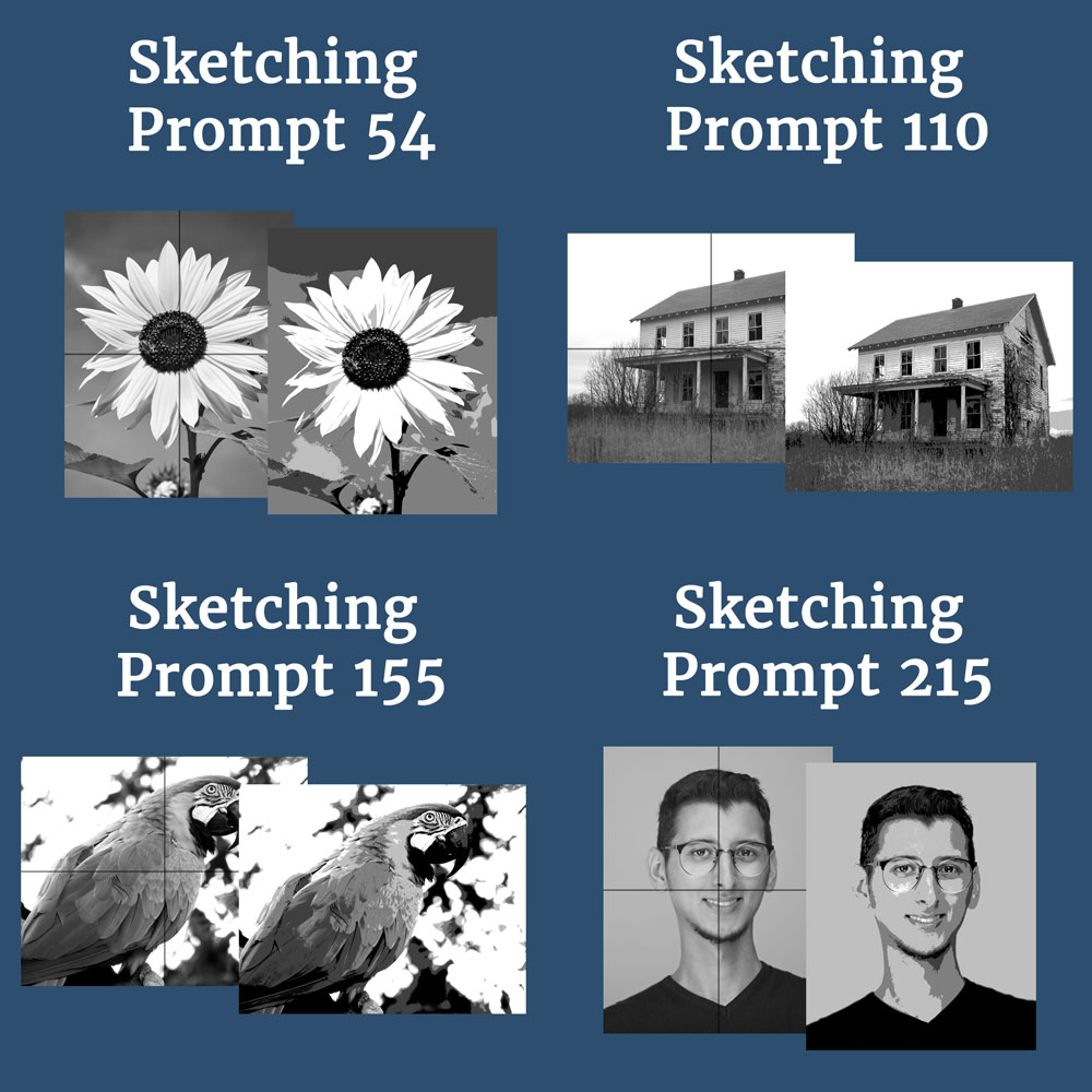 4 sketching prompts sunflower house parrot man with glasses each with two reference photo variations guidelines and simplified shading