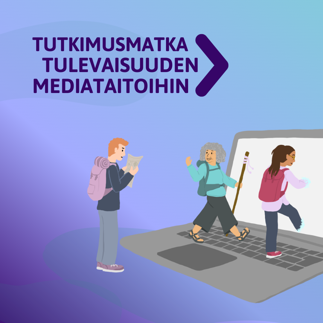 Tutkimusmatka tulevaisuuden mediataitoihin -koulutuksen kuvituskuva, jossa kolme tutkimusmatkailijaa kävelee tietokoneen ruudun läpi.