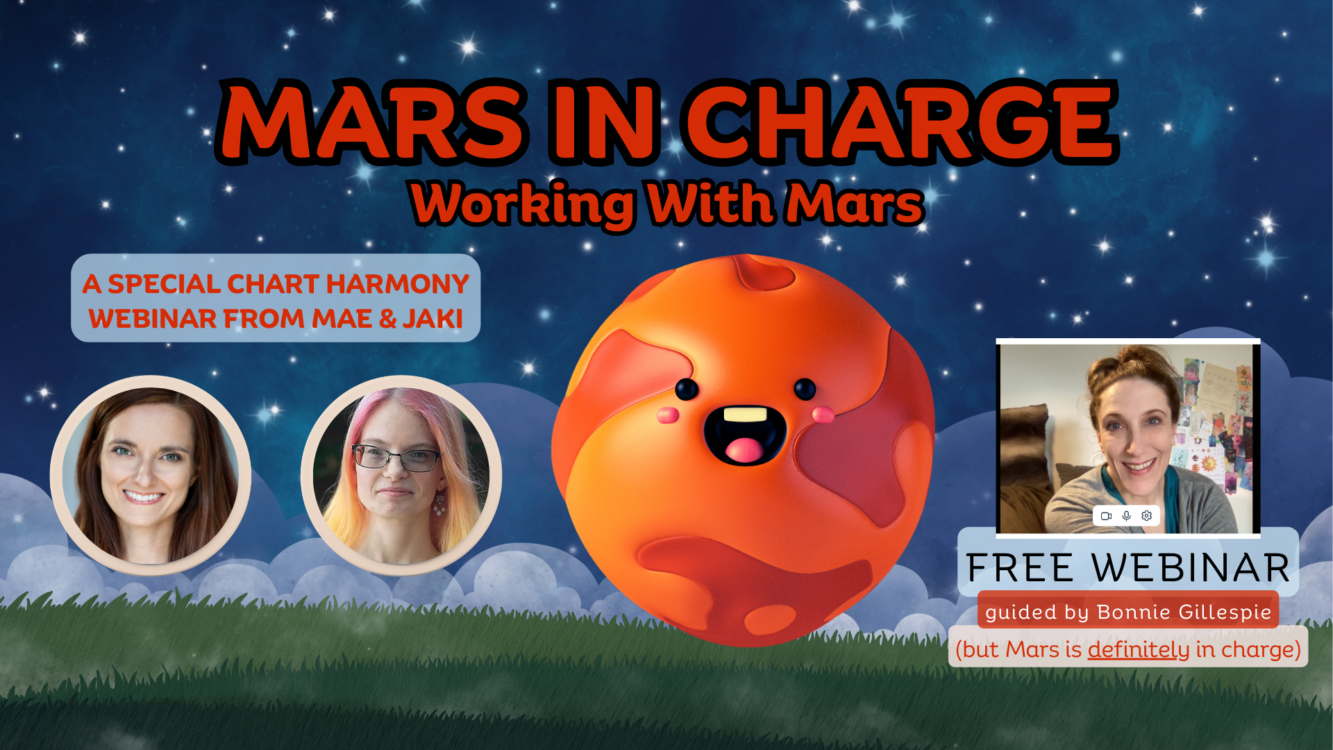 cute screaming MARS on yard at night, 3 white women pictured with text about the free Chart Harmony webinar