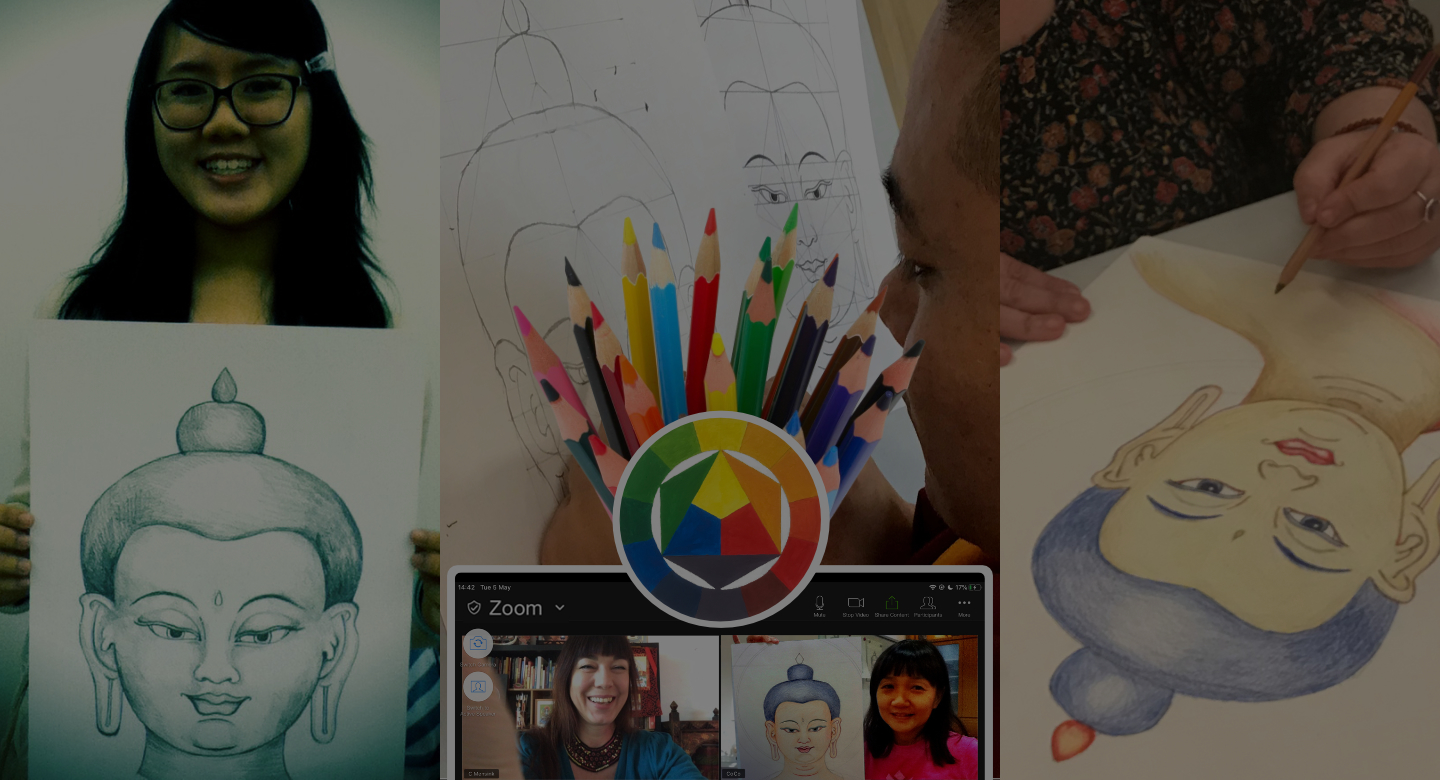 Buddha face drawing happy people showing theur artwork