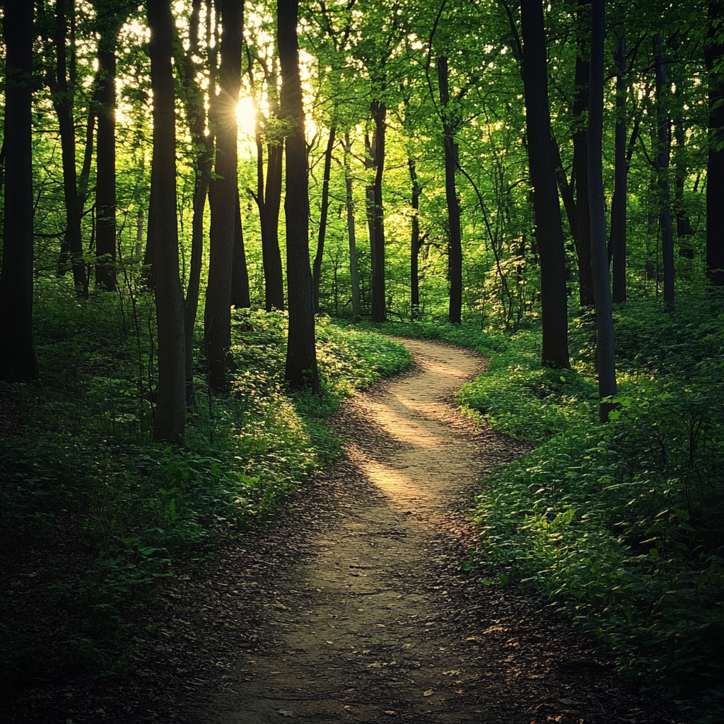 A serene and empowering image of a path through a forest, symbolizing the journey of transformation.