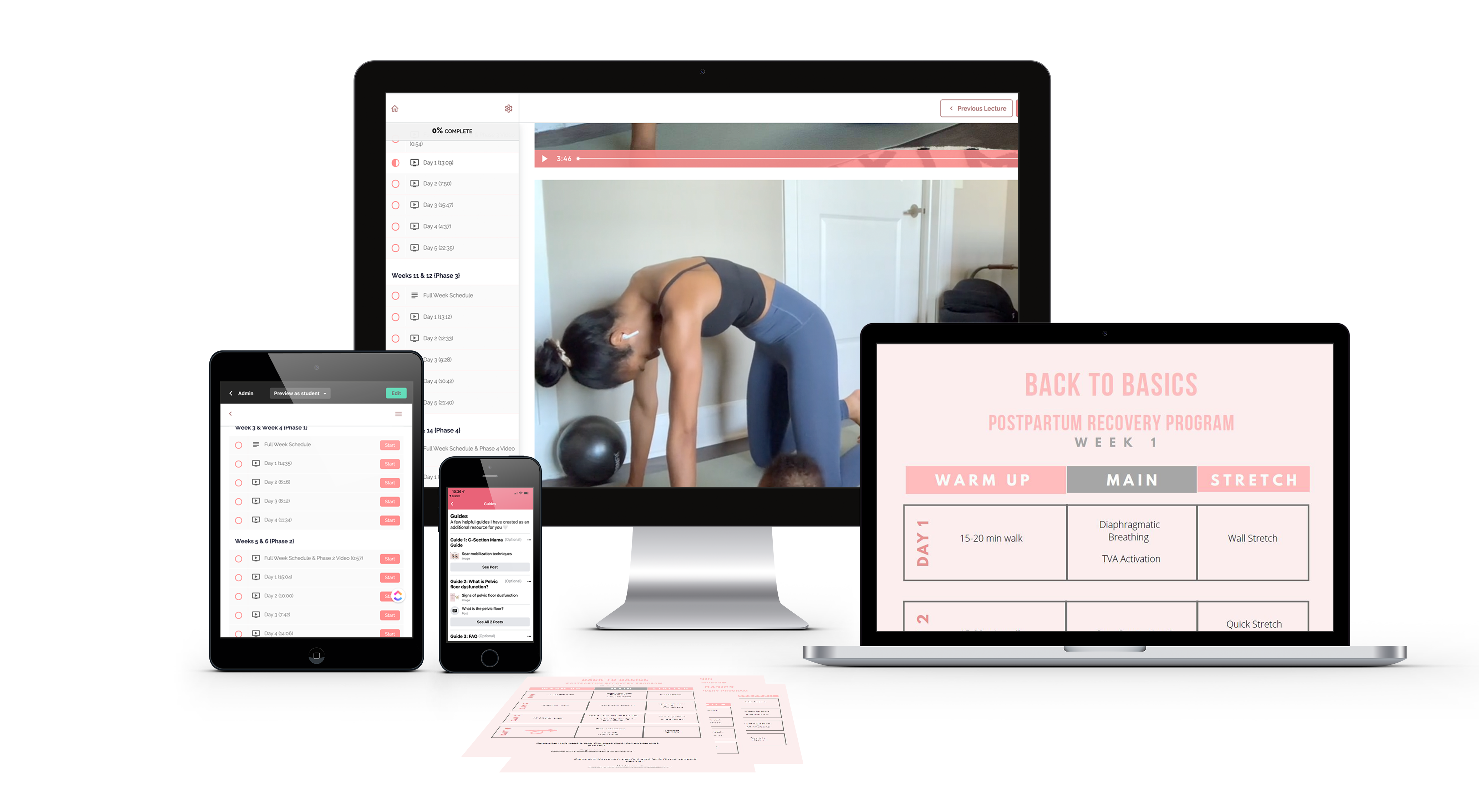 Postpartum Movement Academy Course Mockup with Desktop, Tablet, Phone and Laptop featuring images from the online course