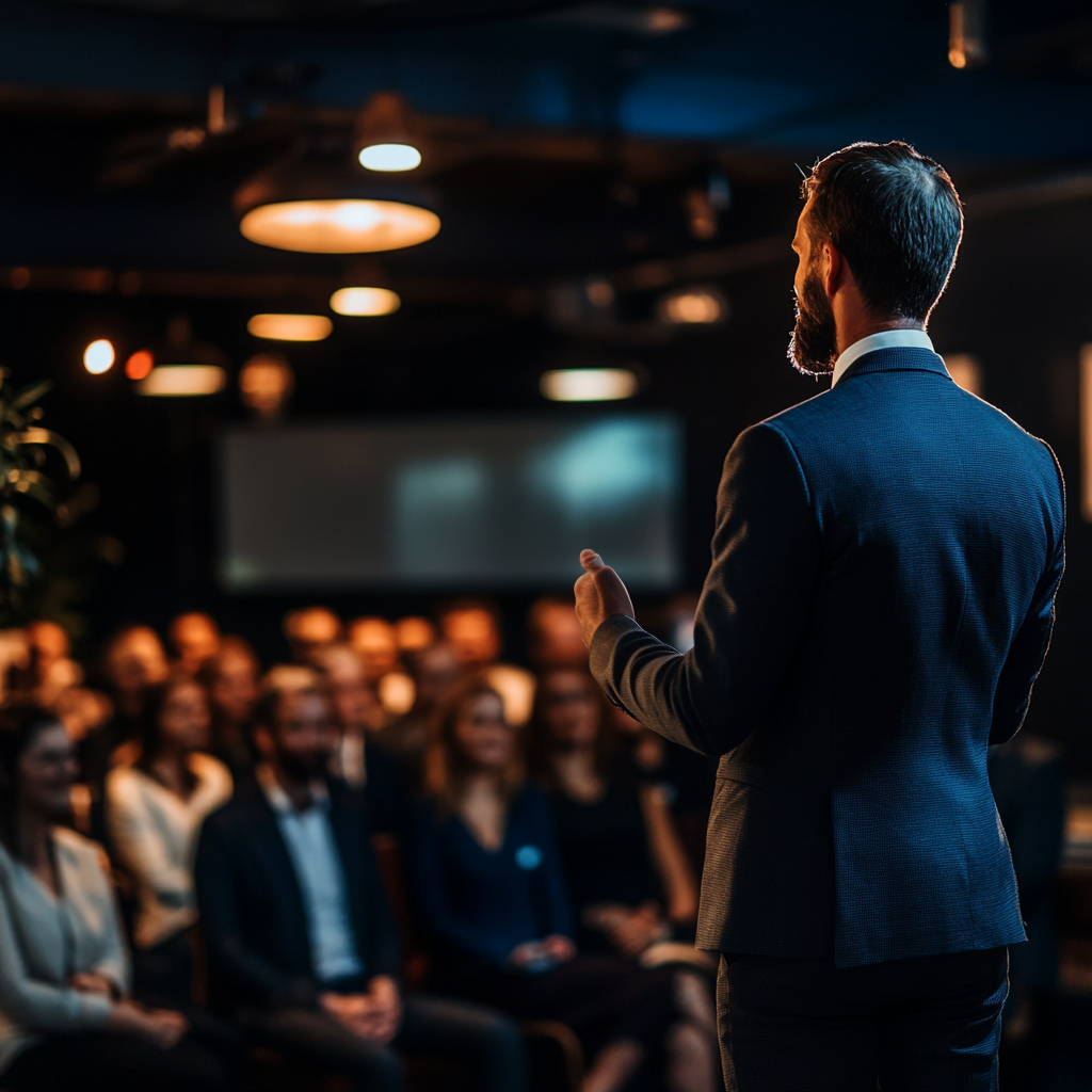 A real life human storyteller, representing the power of real-life stories, with hints of PTUs blue and gold in the photo.