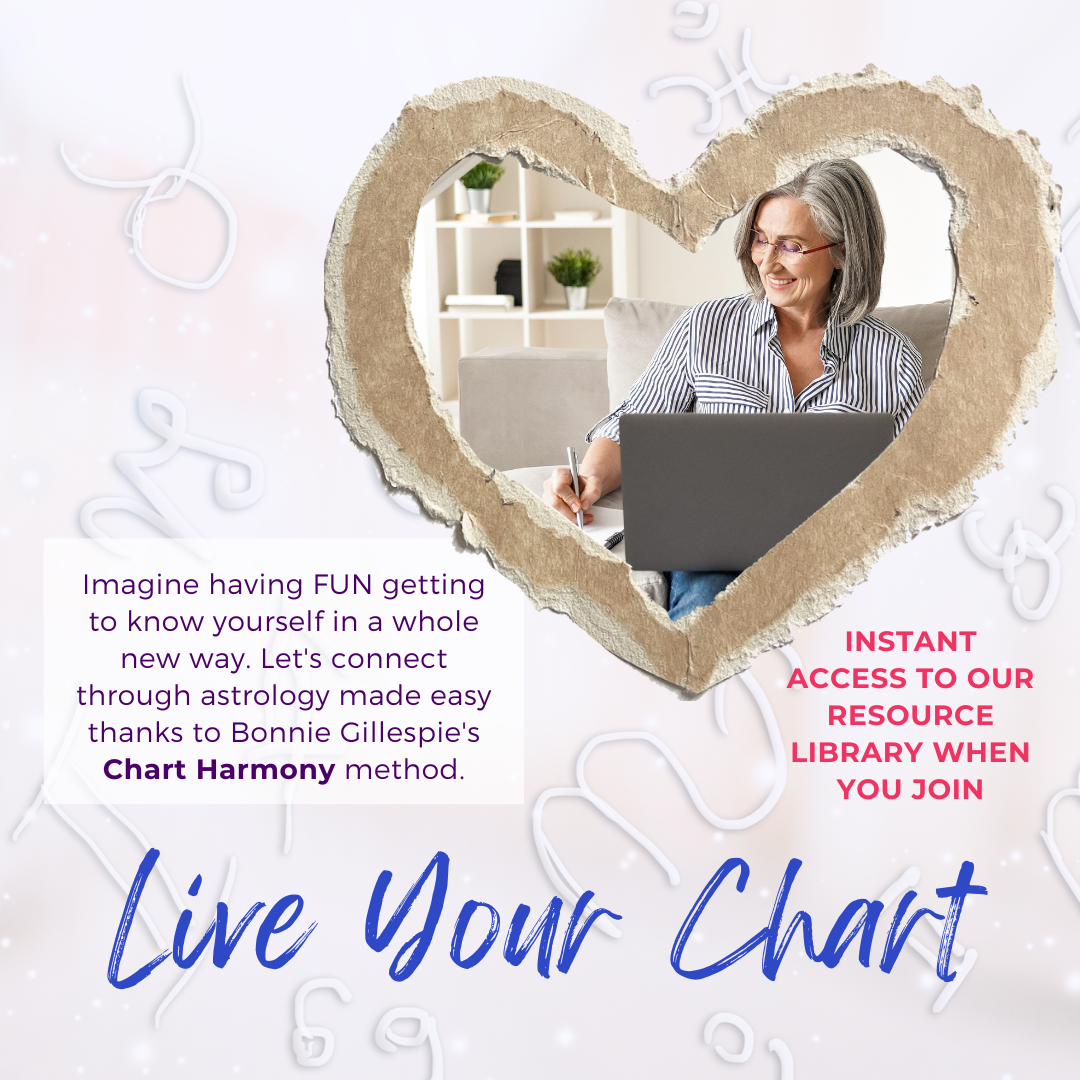silver-haired female at laptop, making notes with one hand, smiling -- image is in a crafted heart; language about the Live Your Chart membership