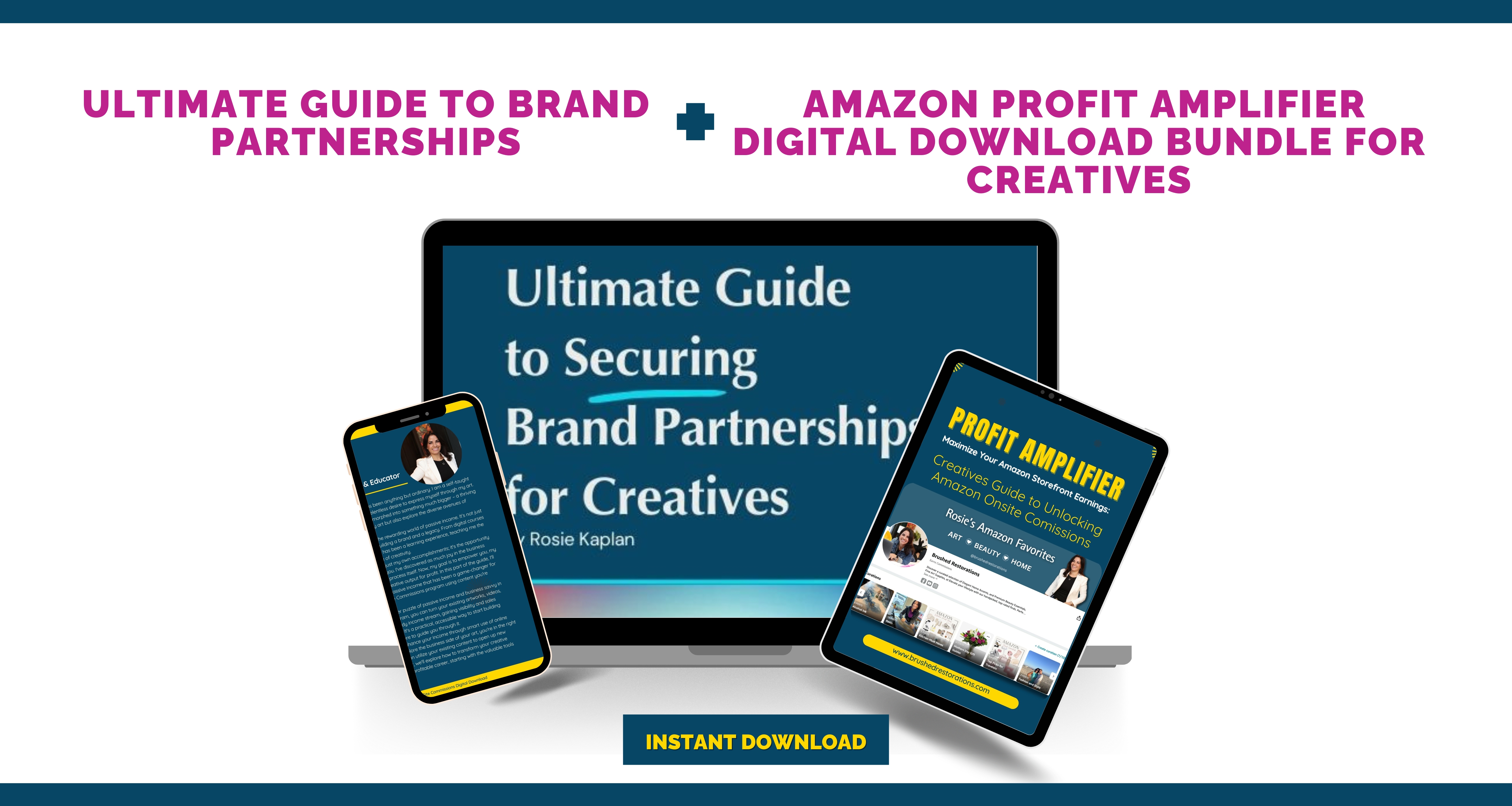 Digital product bundle featuring Ultimate Guide to Securing Brand Partnerships for Creatives and Profit Amplifier: Creatives Guide to Unlocking Amazon Onsite Commissions. The image showcases digital guides displayed on a laptop, tablet, and smartphone, emphasizing instant download availability for creatives looking to grow their income through brand deals and Amazon earnings.