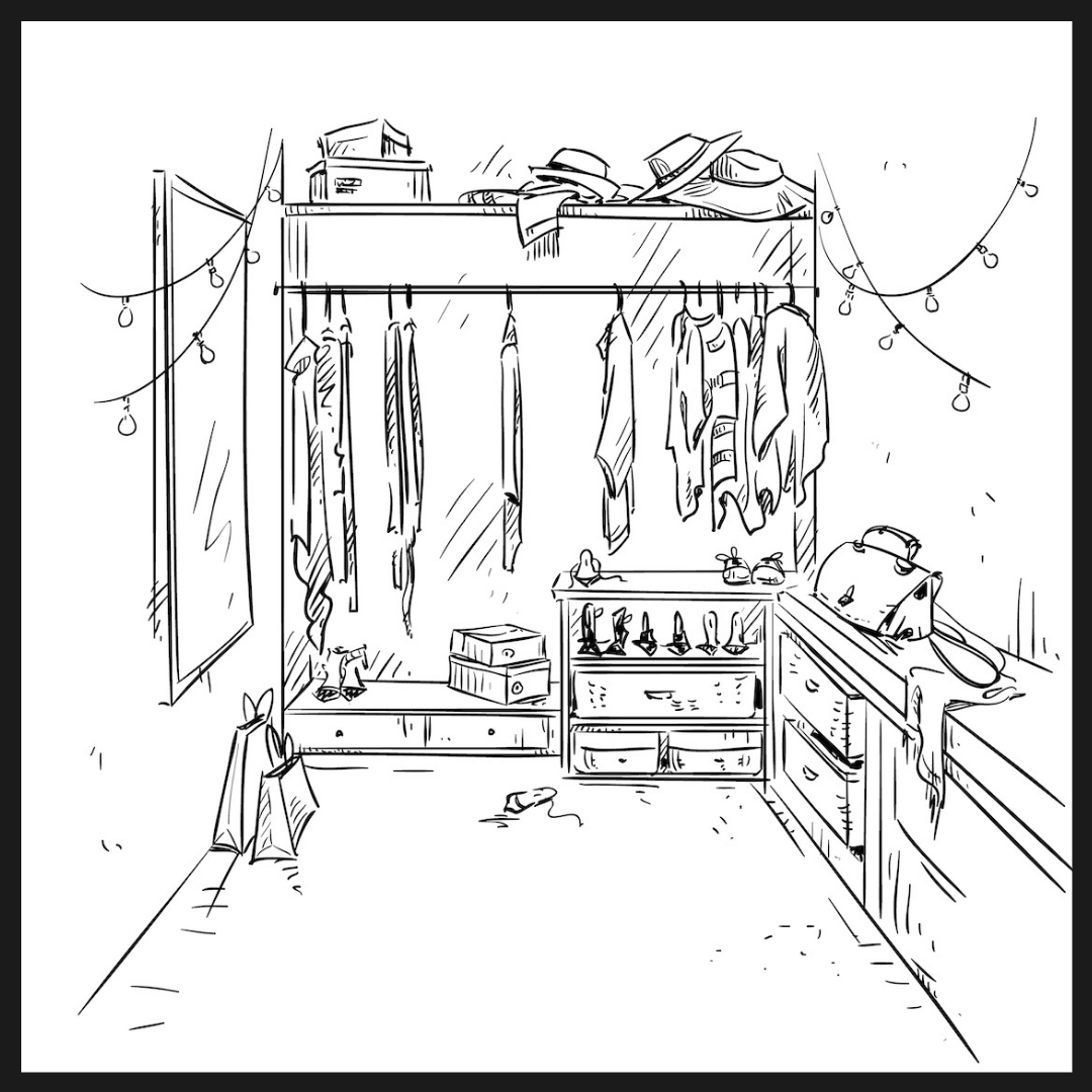 hand drawn sketch of a bedroom closet