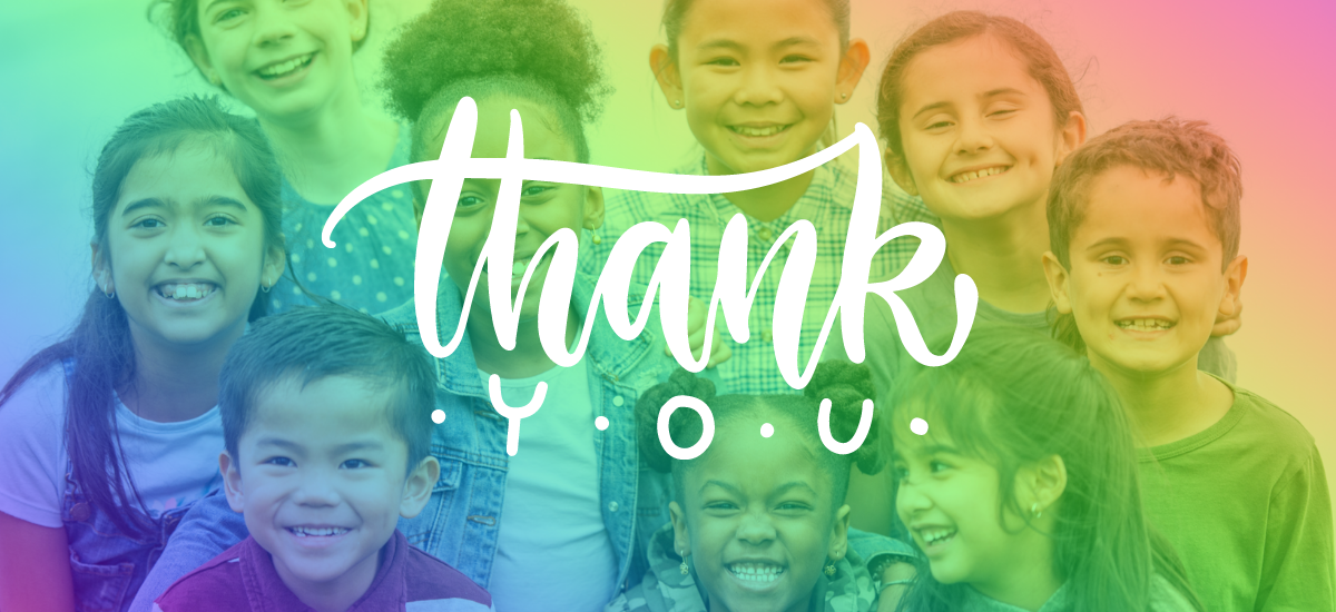 smiling children in group with thank you text