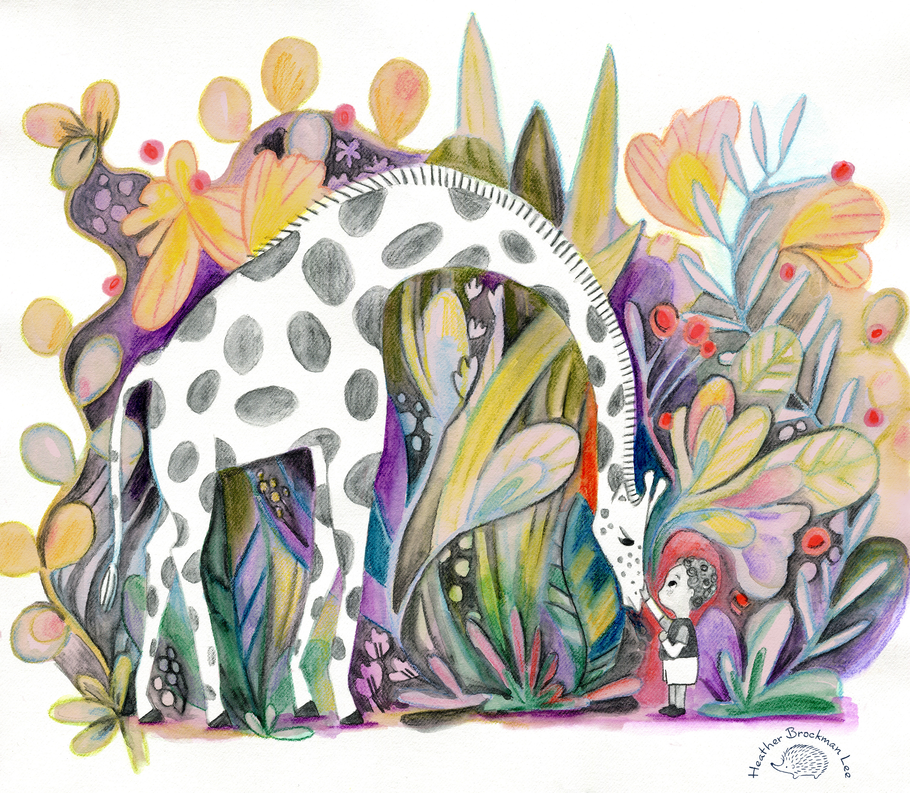 a painting of a white giraffe and a small boy in front of a background of colorful foliage. The giraffe&#39;s neck is bent down and the boy is touching it gently on the nose.