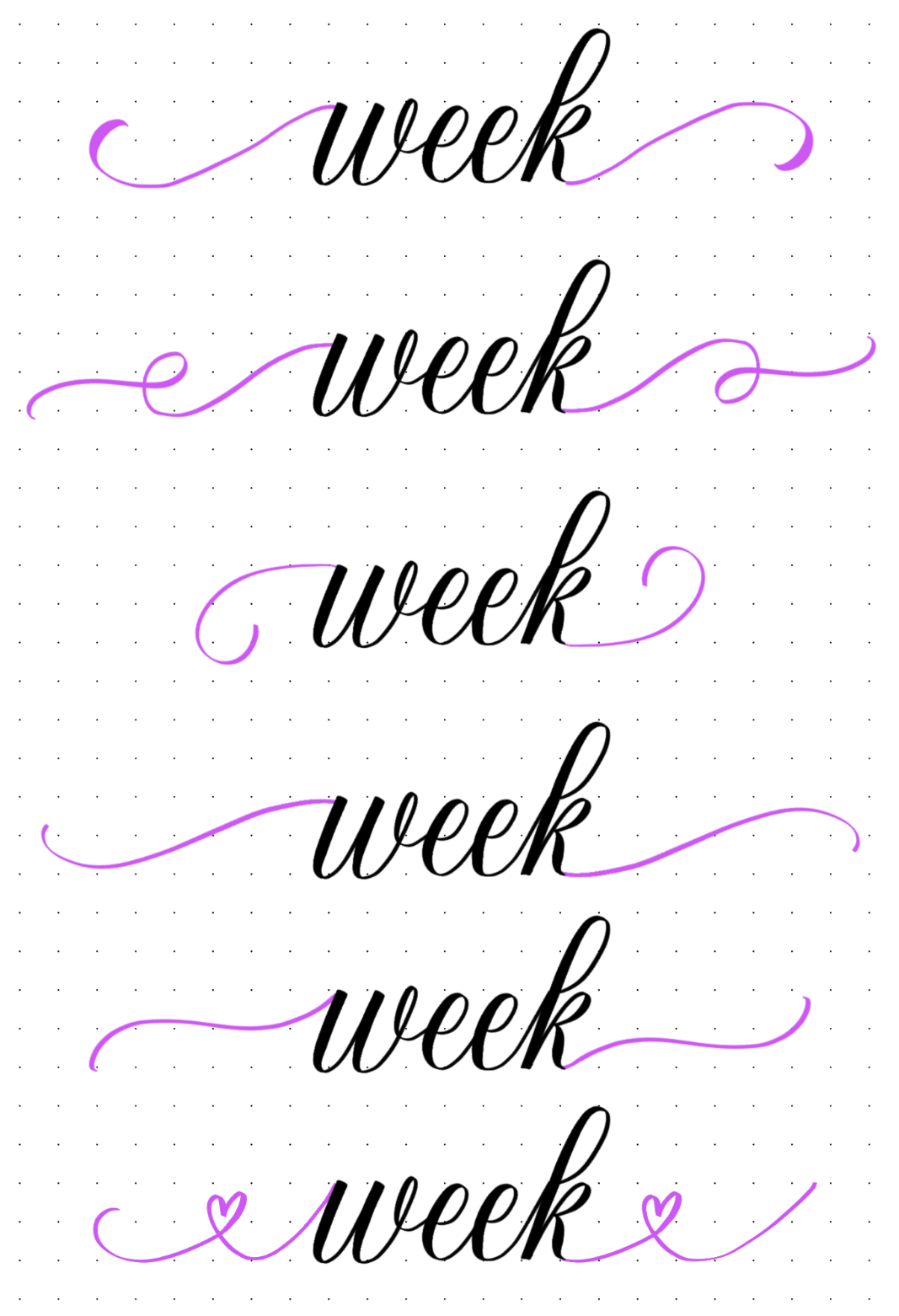 The word week written in calligraphy and flourished 6 ways