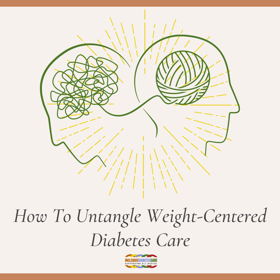 Two outlines of heads. One head has a tangle of string where the brain is, the other has that string neatly wrapped up into a ball. The text says, How to Untangle Weight-Centered Diabetes Care