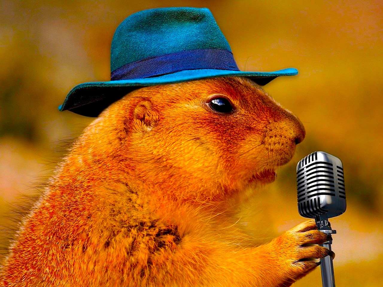 A prairie dog with a blue hat singing at a microphone