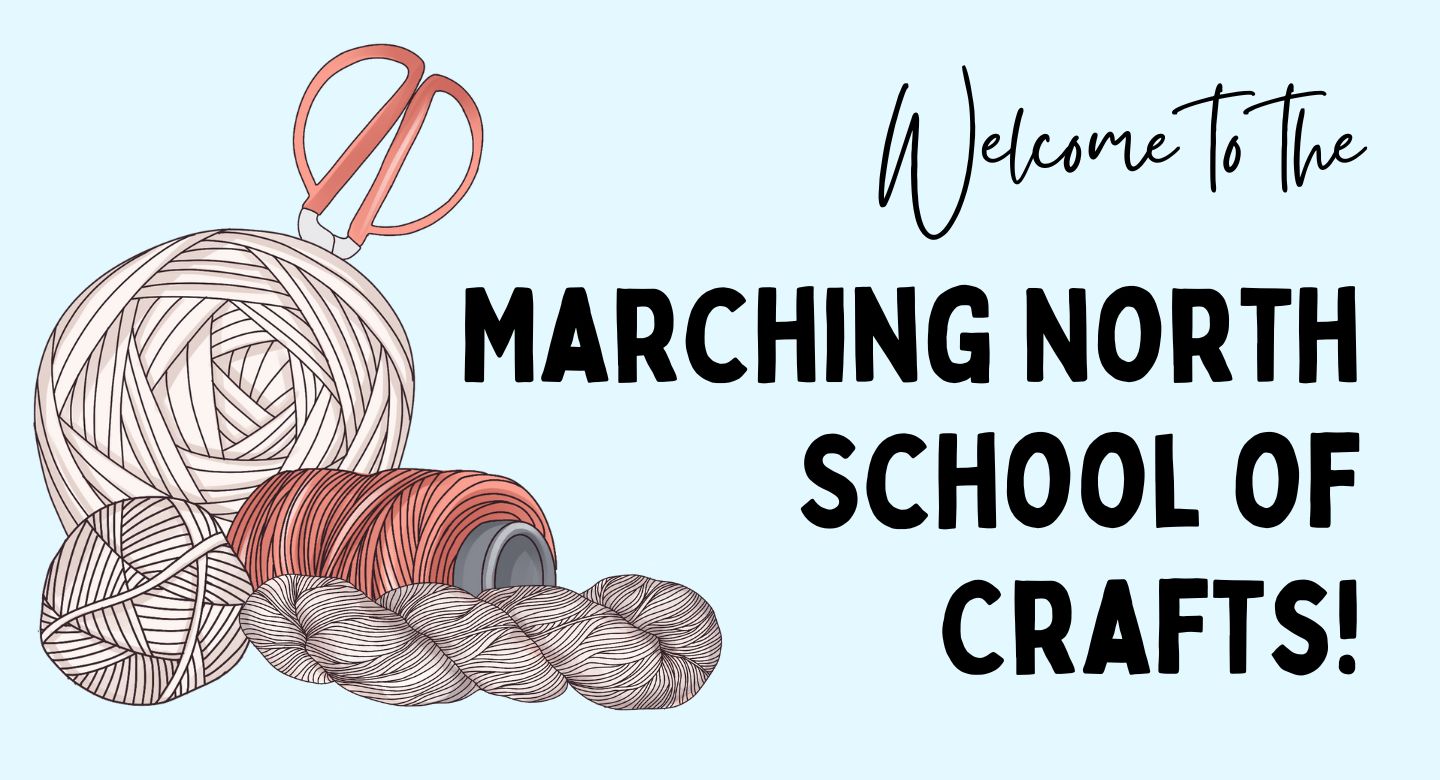 illustrations of macrame cord, yarn, and scissors against a blue background