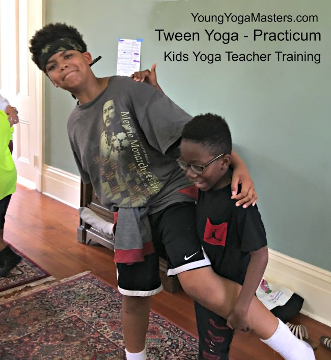 Decorative text for Marketing Kids Yoga training with a Koala bear doing side plank looking up at a heart in the air.