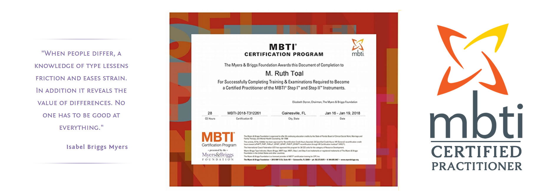 Coach Ruth is a certified MBTI Practitioner