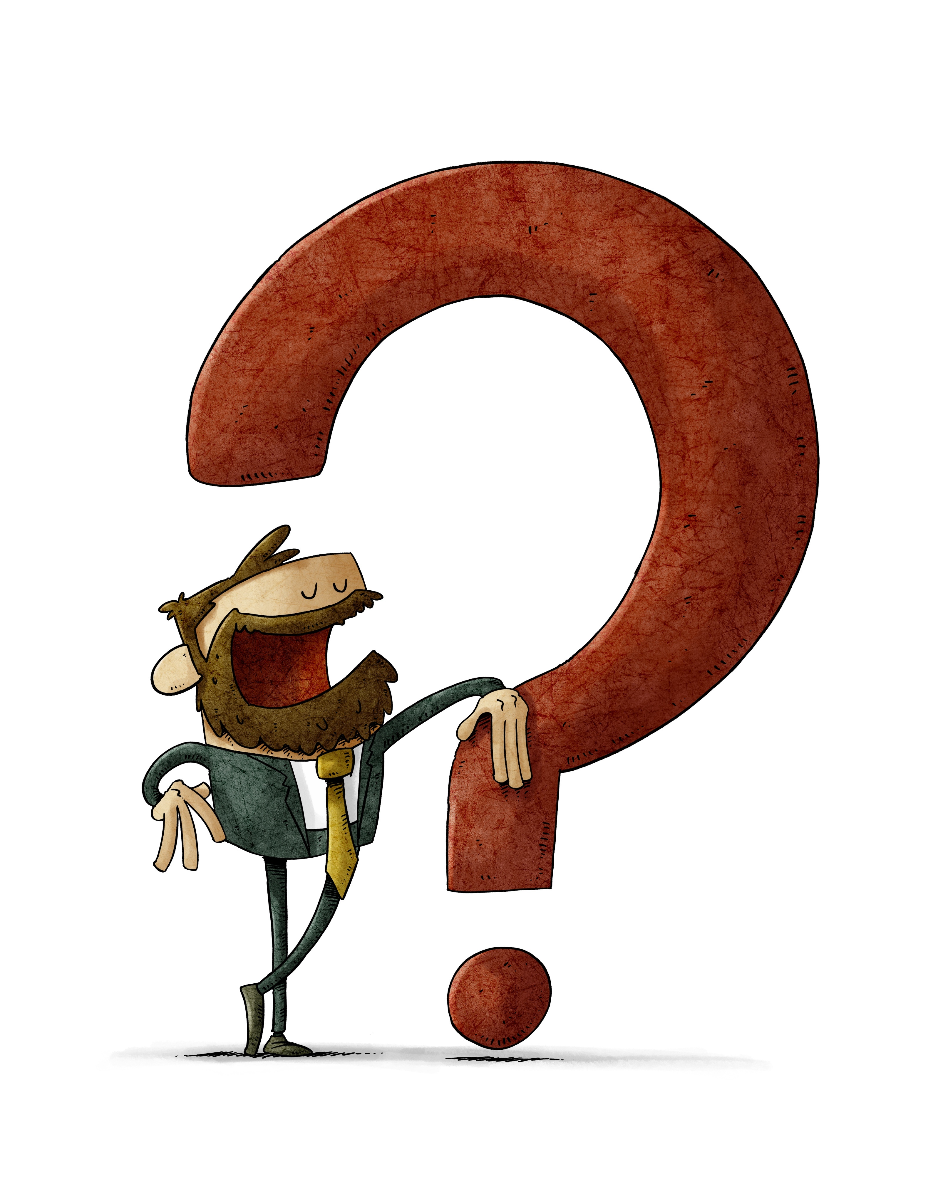 cartoon man leaning against giant question mark - FAQ