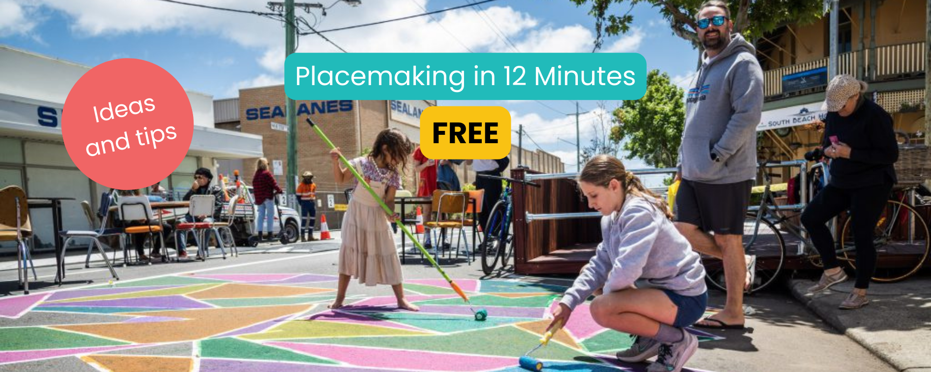 A photo showing a temporary street mural being installed by two girls, called tactical urbanism, on South Terrace, South Fremantle